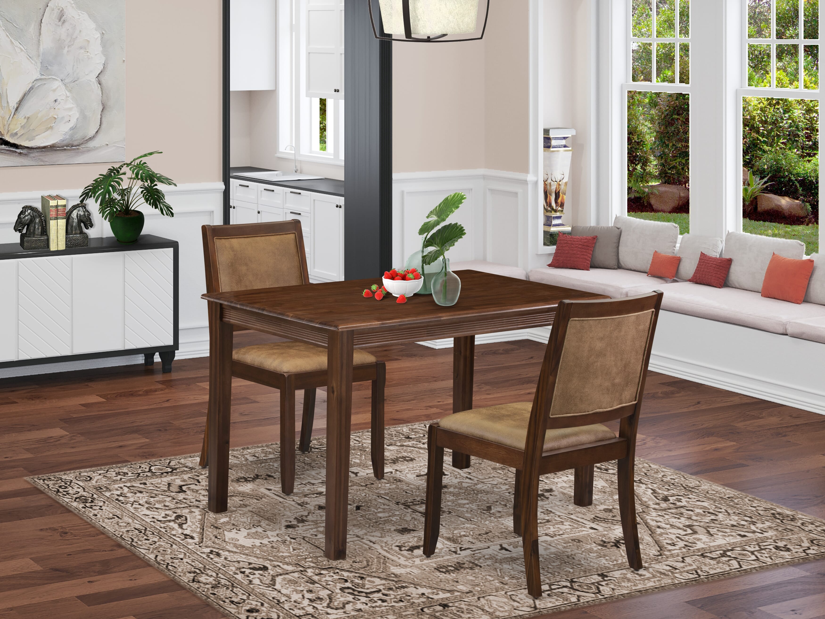 East West Furniture YAX23-AWA-28 - Juego de comedor de cocina de 3 piezas que consta de una mesa de madera con tapa de nogal antiguo y 2 sillas apilables con cuero sintético texturizado marrón - Nogal antiguo