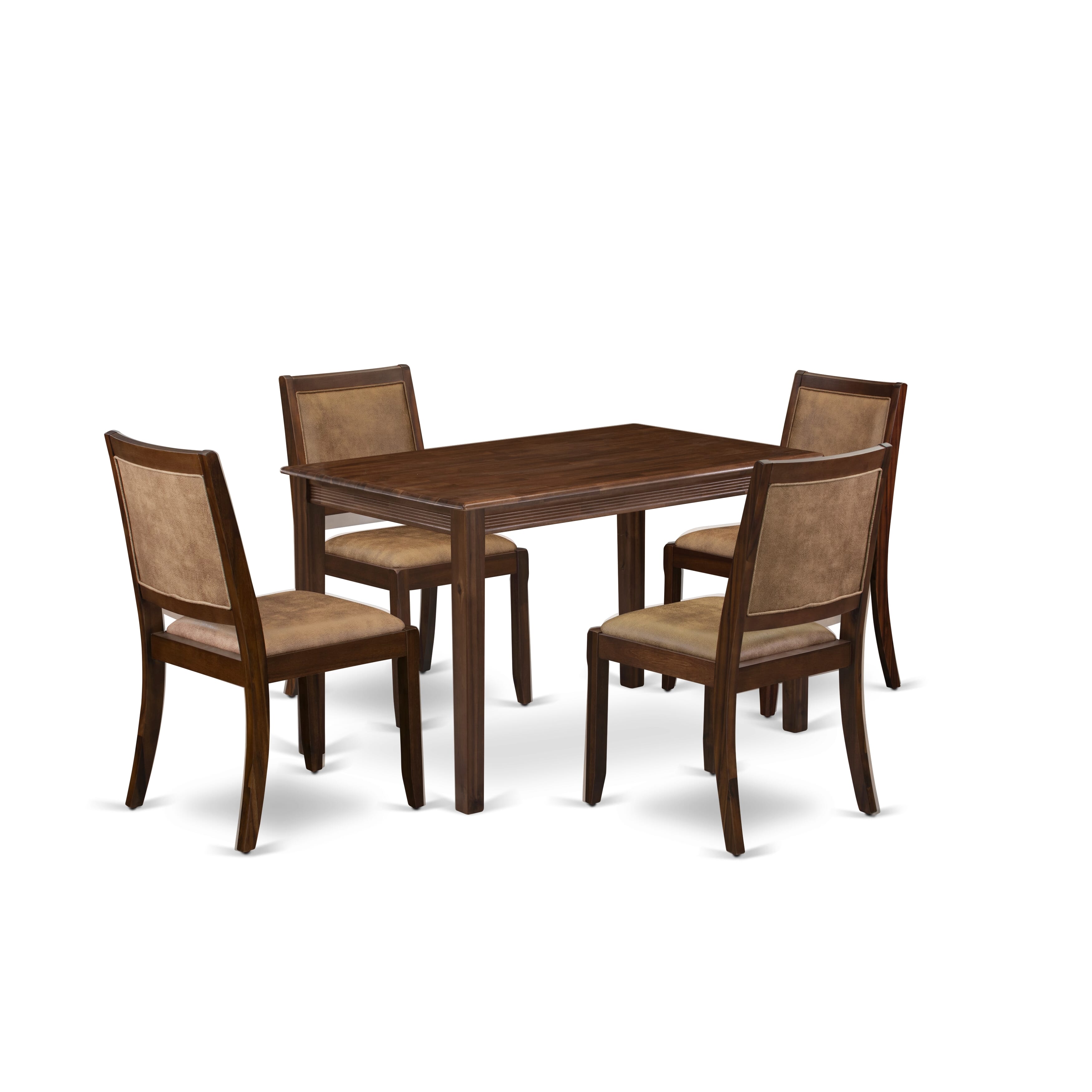 East West Furniture YAX25-AWA-28 - El juego de mesa de comedor de 5 piezas consta de una mesa de comedor con tapa de nogal antiguo y 4 sillas apilables con cuero sintético texturizado marrón - Nogal antiguo