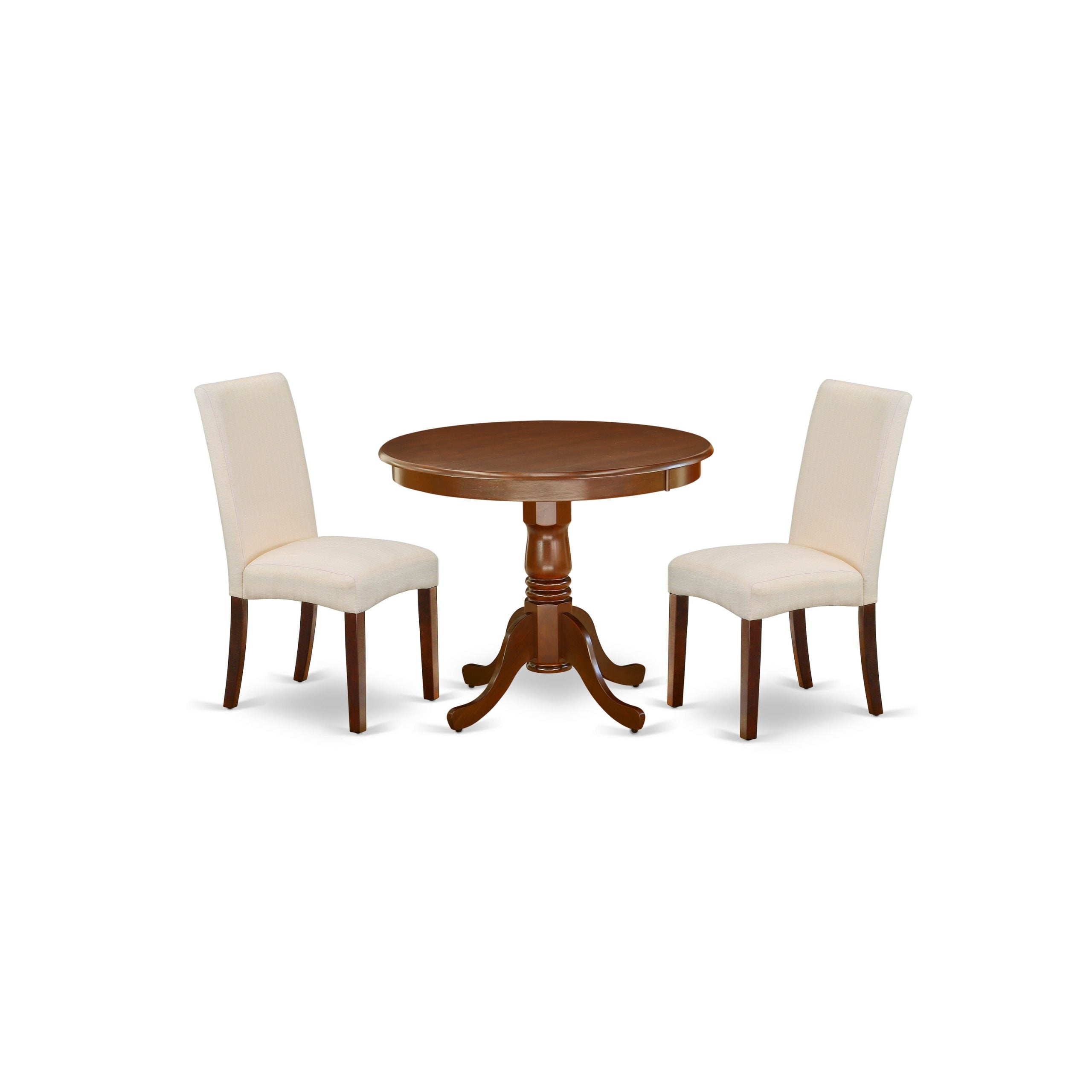 Juego de mesa de comedor de 3 piezas ANDR3-MAH-01 de East West Furniture. Incluye una mesa de cocina redonda con pedestal y dos sillas Parson tapizadas en tela de lino color crema.