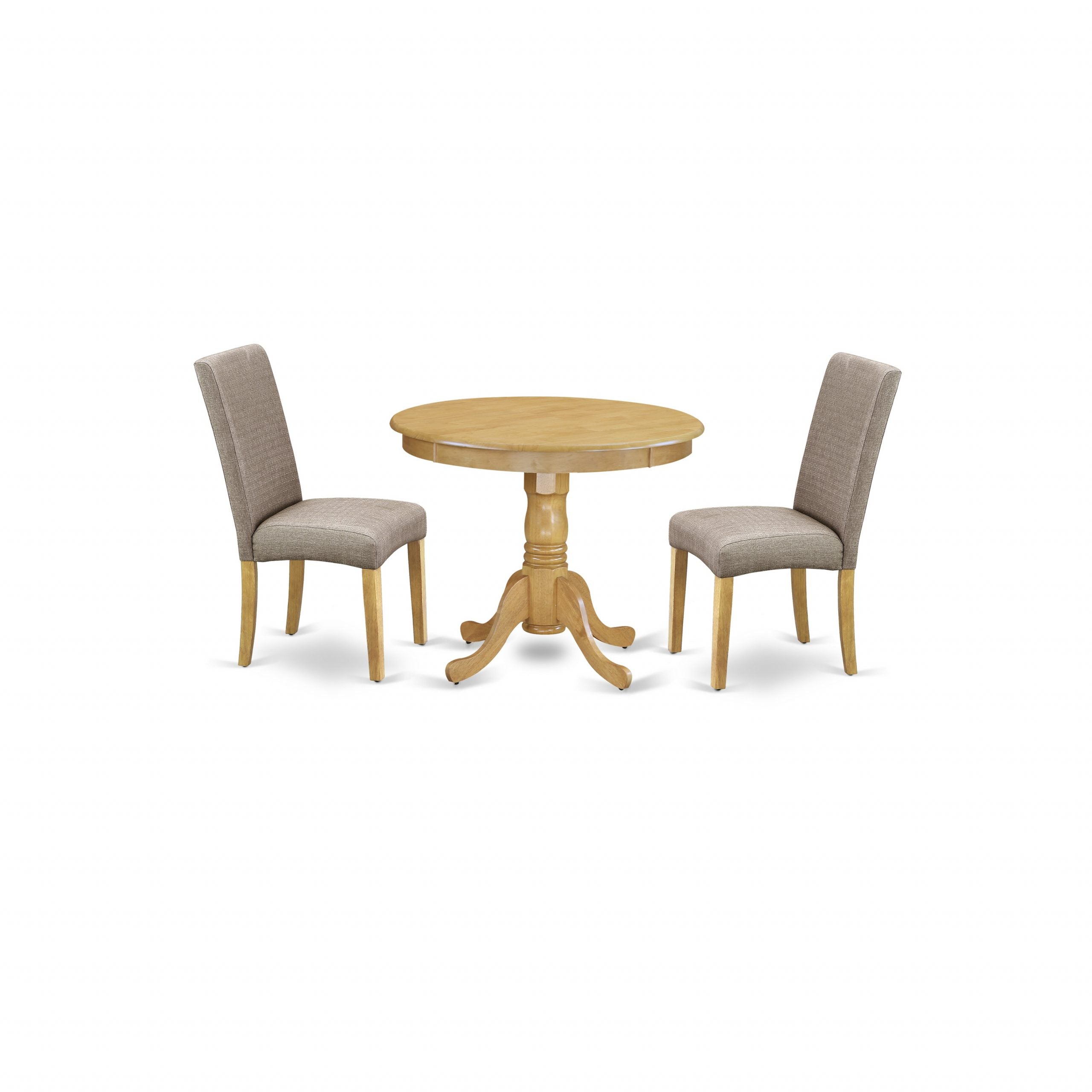 ANDR3-OAK-16 3Pc Round 36" Table And A Pair Of Parson Chair With Oak Finish Leg And Linen Fabric- Dark Khaki Color