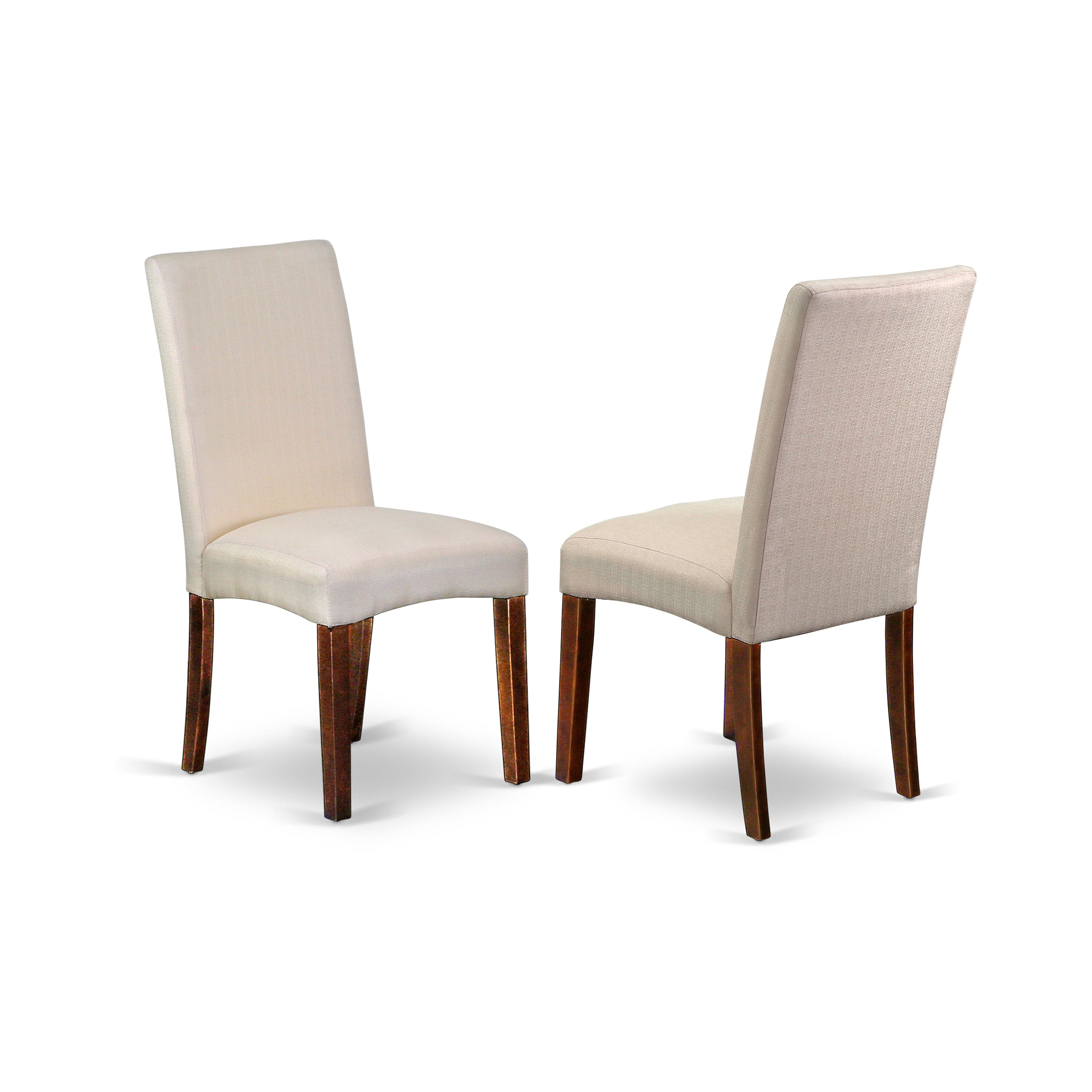 Juego de mesa de comedor de 3 piezas ANDR3-MAH-01 de East West Furniture. Incluye una mesa de cocina redonda con pedestal y dos sillas Parson tapizadas en tela de lino color crema.