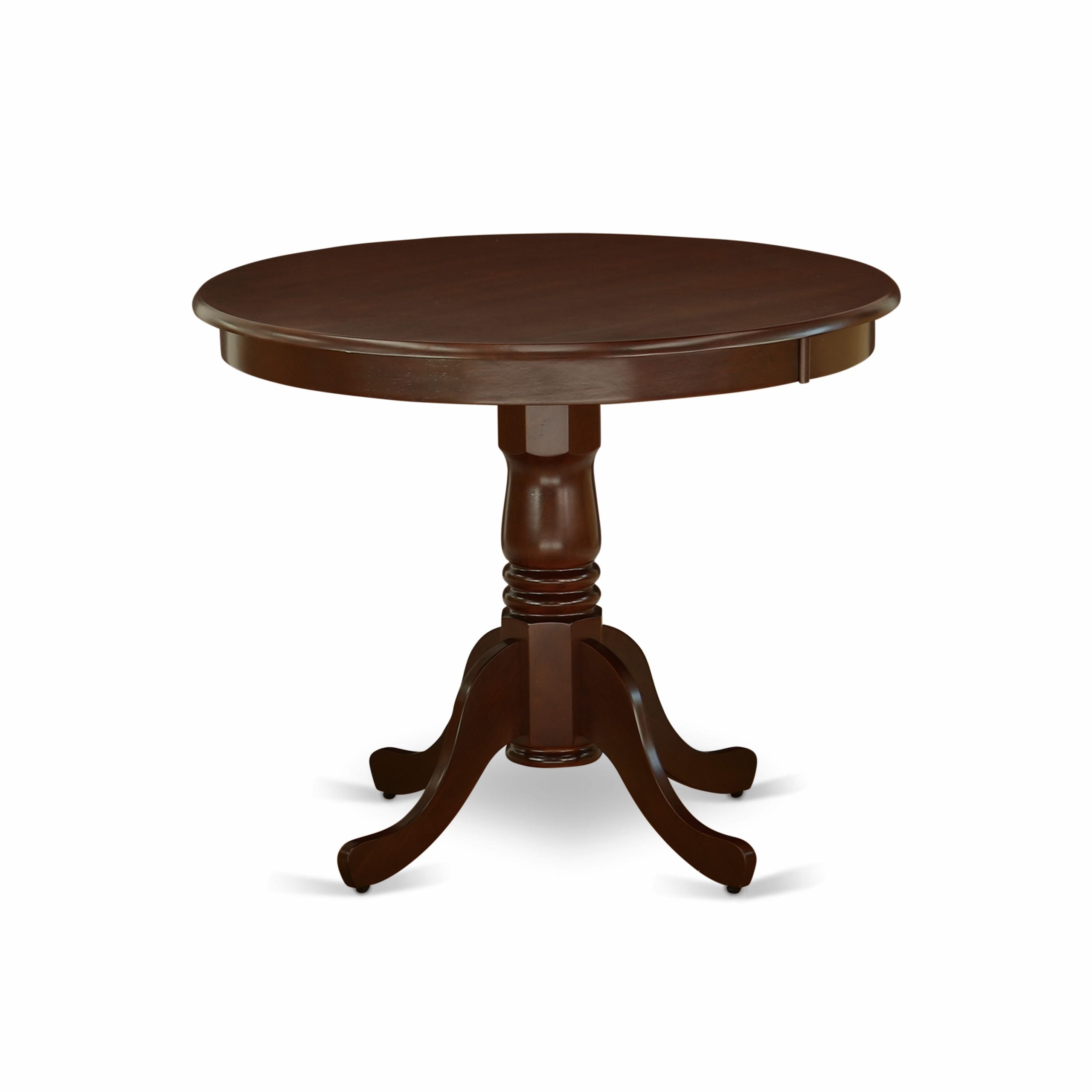 Juego de mesa de comedor de 3 piezas ANDR3-MAH-01 de East West Furniture. Incluye una mesa de cocina redonda con pedestal y dos sillas Parson tapizadas en tela de lino color crema.