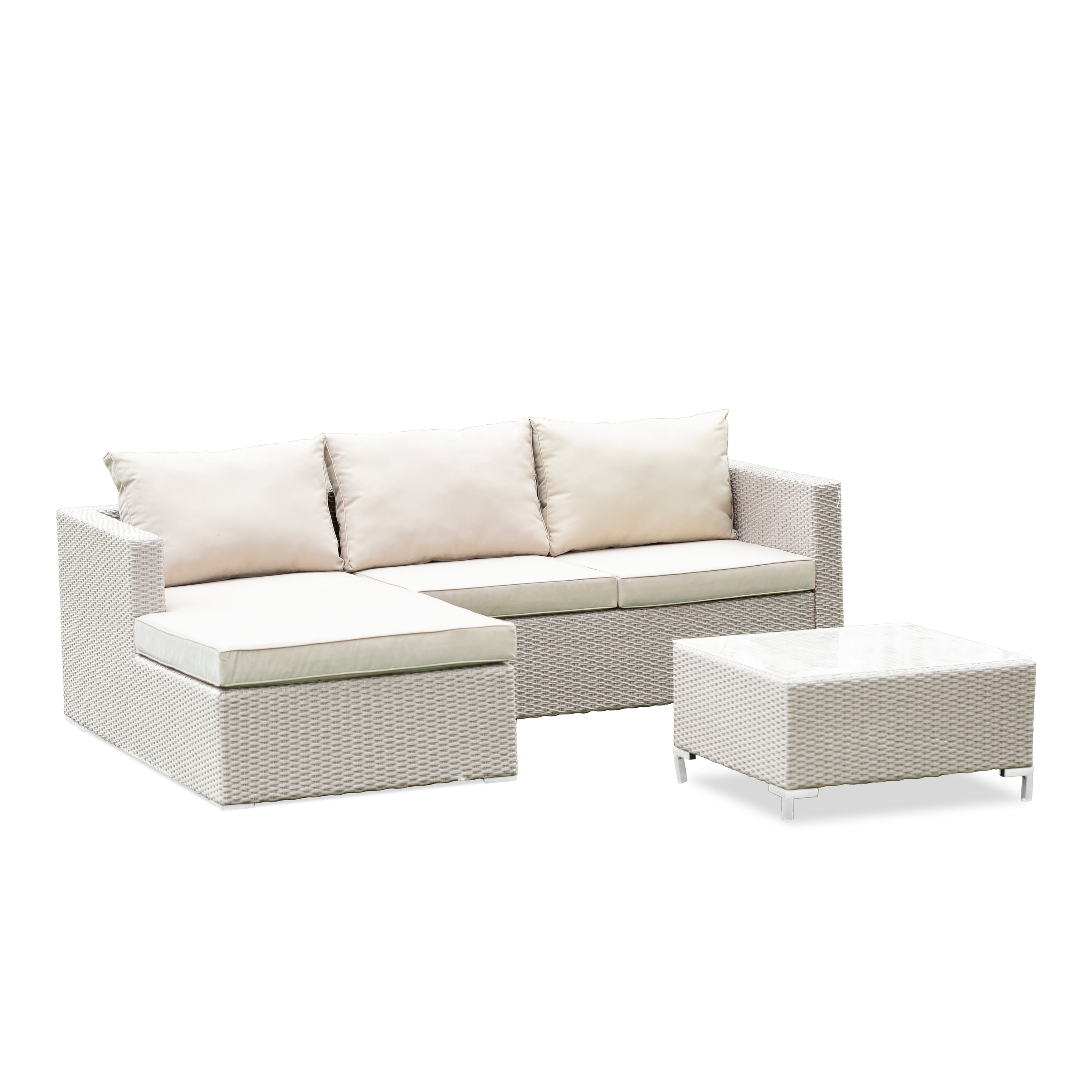 ACL3S03A 3Pc Natural Color Wicker Outdoor-Furniture Sectional Sofa Set Includes a Patio Table and Linen Fabric Cushion, Medium