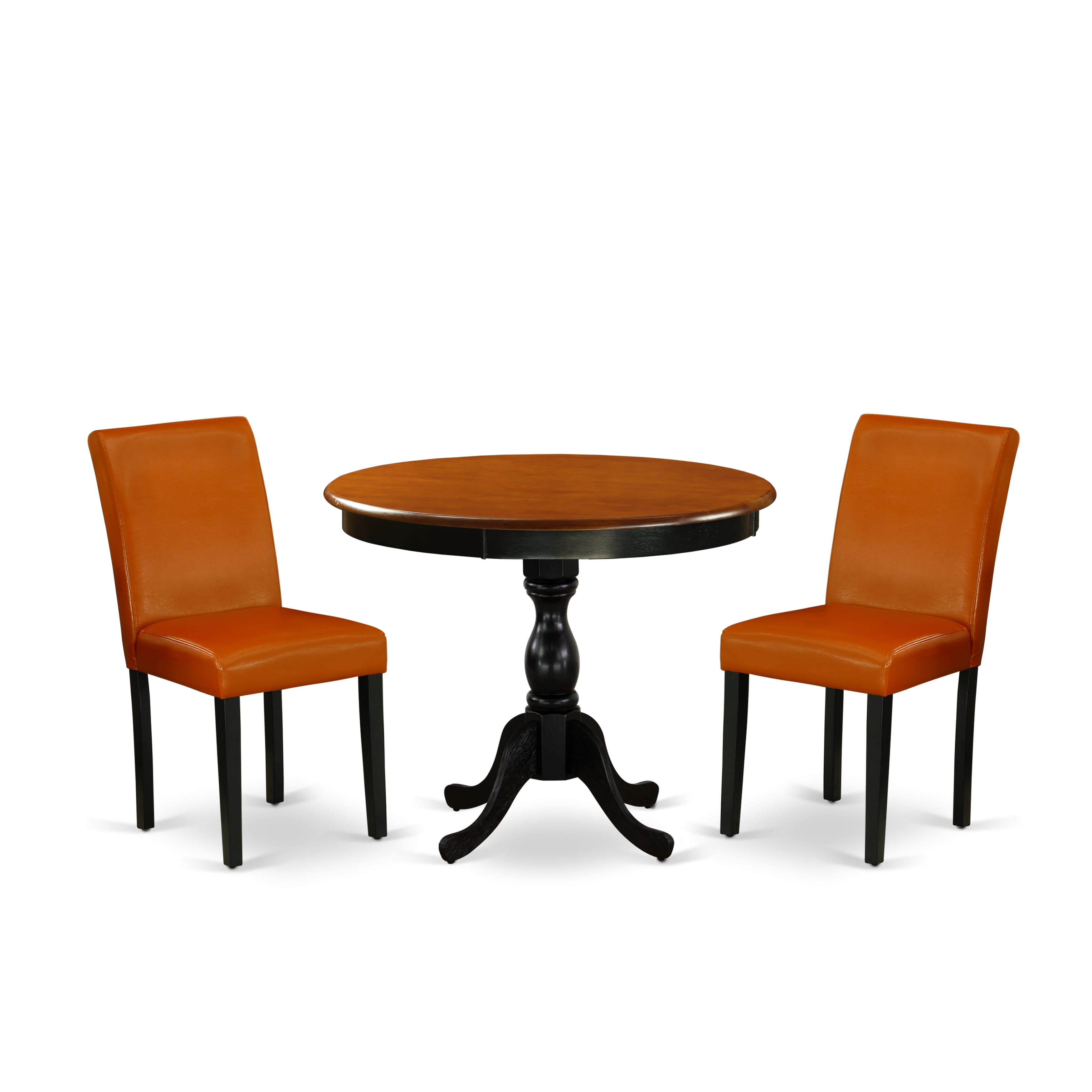 East West Furniture AMAB3-BCH-61 3-Piece Round Dining Table Set Contains a Dining Table and 2 Baked Bean PU faux Leather Mid Century Dining Chair with High Back - Black Finish
