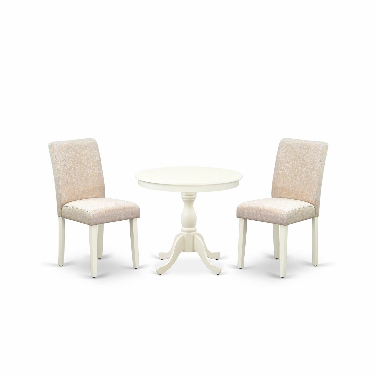 East West Furniture AMAB3-LWH-02 3 Piece Kitchen Table Set Consists of 1 Pedestal Dining Table and 2 Light Beige Linen Fabric Parson Dining Chairs with High Back - linen white Finish