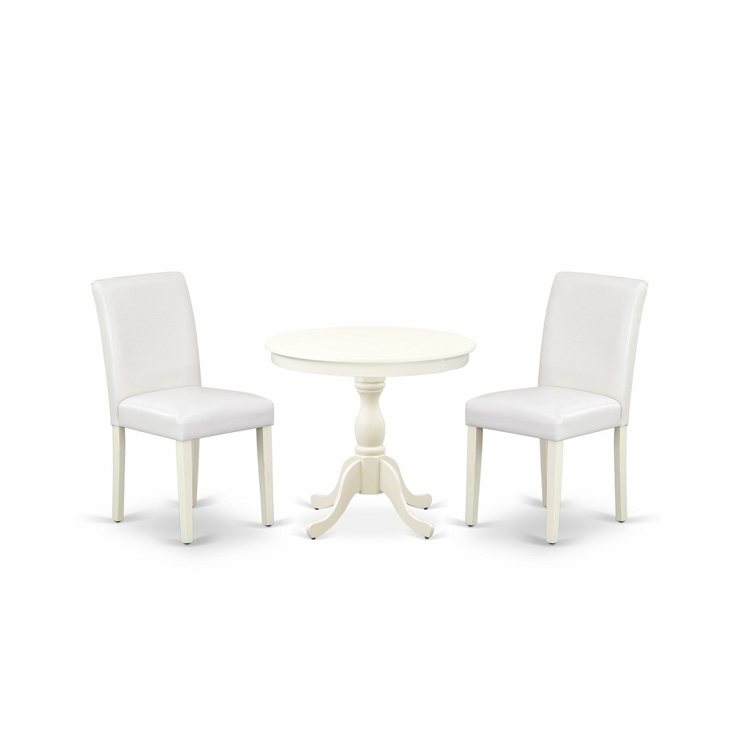 East West Furniture AMAB3-LWH-64 3 Piece Dinette Set Includes 1 Round Pedestal Dining Table and 2 Linen white PU faux Leather Dinning Room Chairs with High Back - linen white Finish