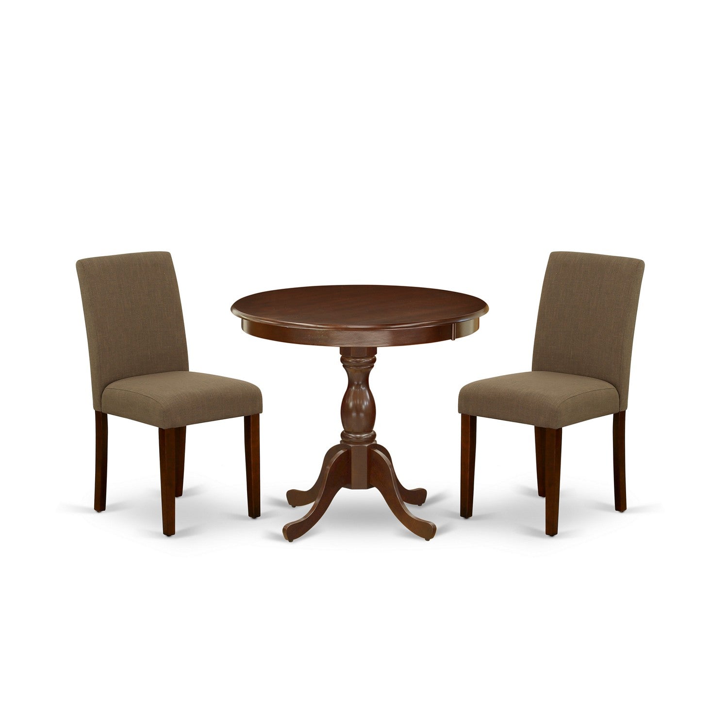 East West Furniture AMAB3-MAH-18 3 Piece Dining Room Set Contains 1 Kitchen Table and 2 Coffee Linen Fabric Upholstered Dining Chair with High Back - Mahogany Finish