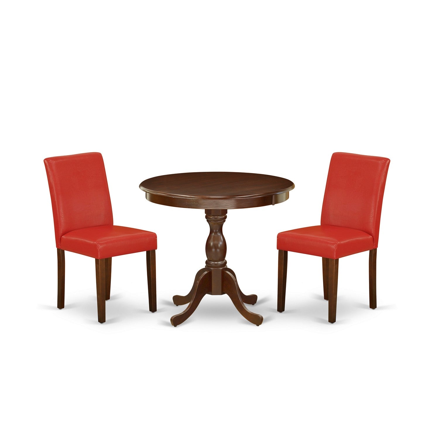 Juego de mesa de comedor de 3 piezas AMAB3-MAH-72 de East West Furniture. Incluye una mesa de comedor redonda con pedestal y dos sillas de comedor Parsons de cuero sintético rojo ladrillo refractario.