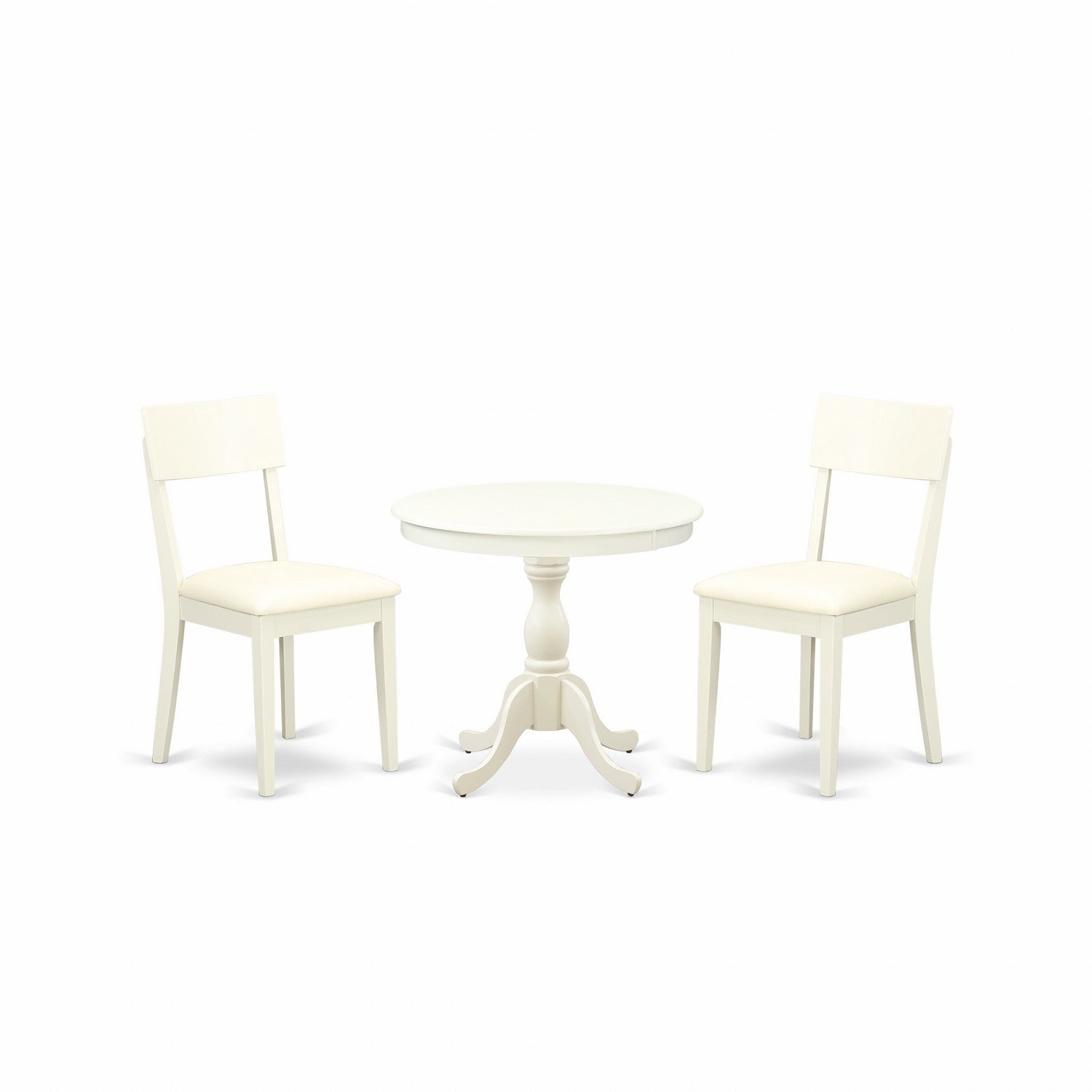 Juego de comedor de 3 piezas East West Furniture AMAD3-LWH-LC. Incluye una mesa de cocina redonda con pedestal y 2 sillas de comedor tapizadas en piel sintética.