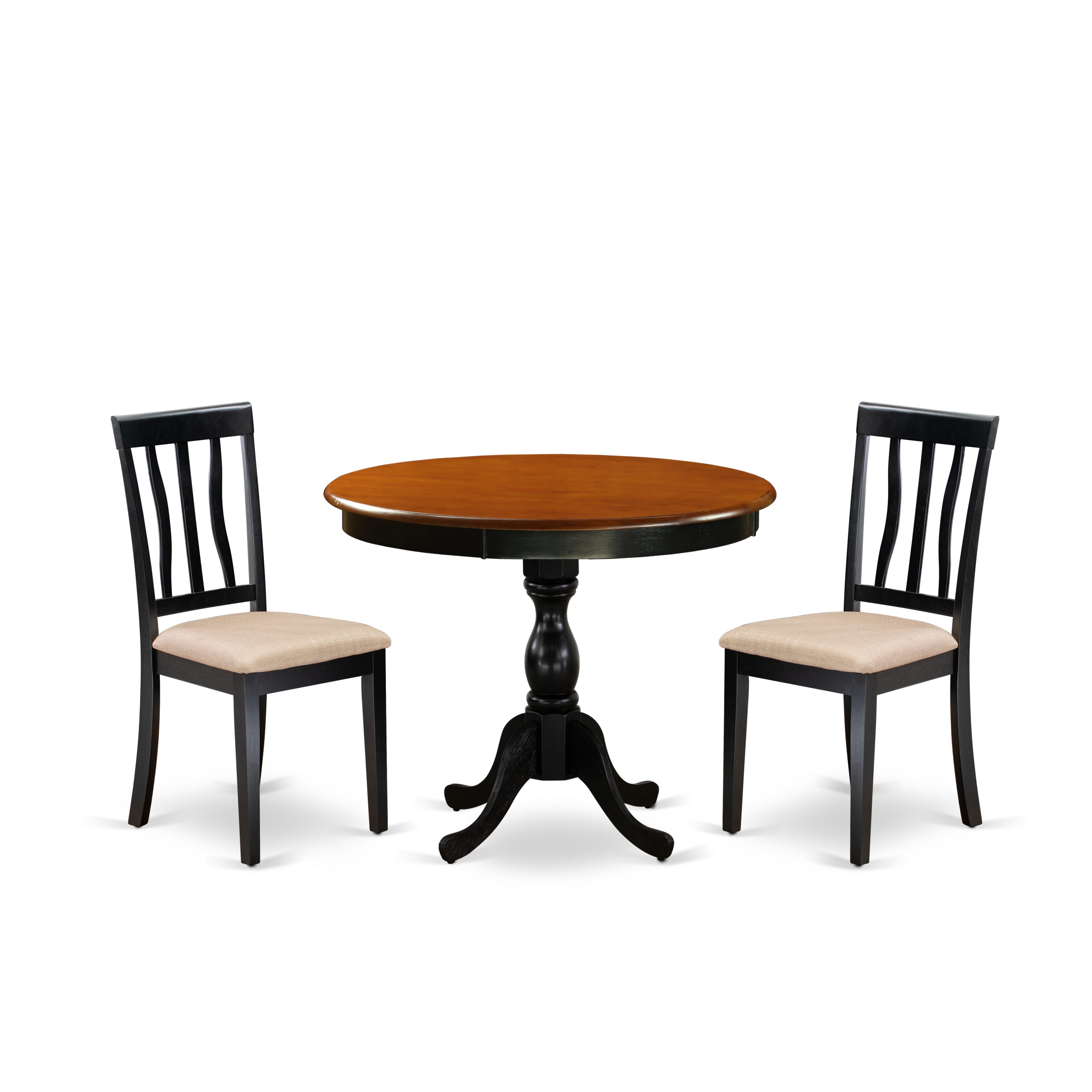 East West Furniture AMAN3-BCH-C 3-Pc Mid Century Table Set Contains a Dining Room Table and 2 Linen Fabric Mid Century Dining Chairs with Slatted Back - Black Finish
