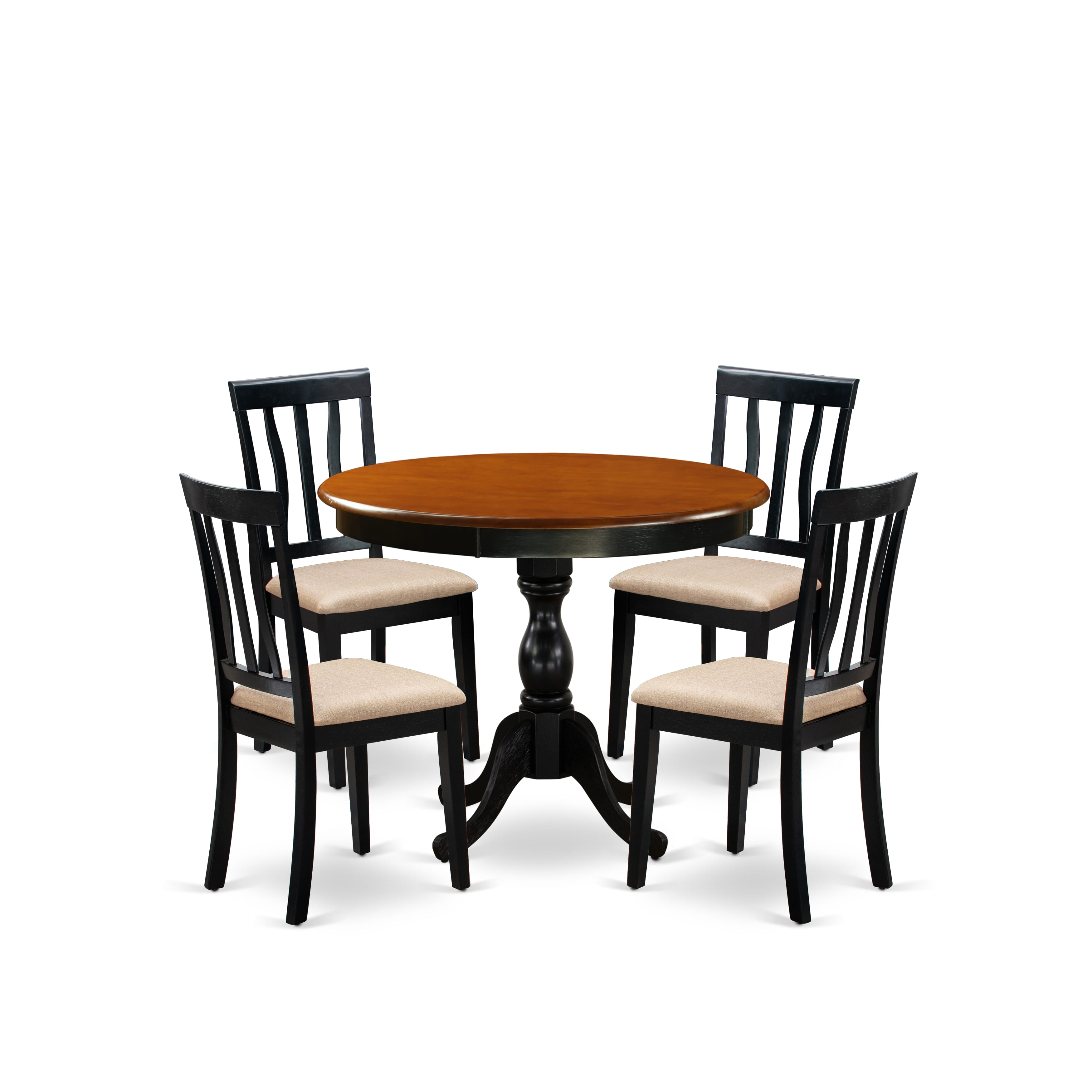 East West Furniture AMAN5-BCH-C 5-Pc Modern Dining Table Set Consists of a Kitchen Dining Table and 4 Linen Fabric Dining Room Chairs with Slatted Back - Black Finish