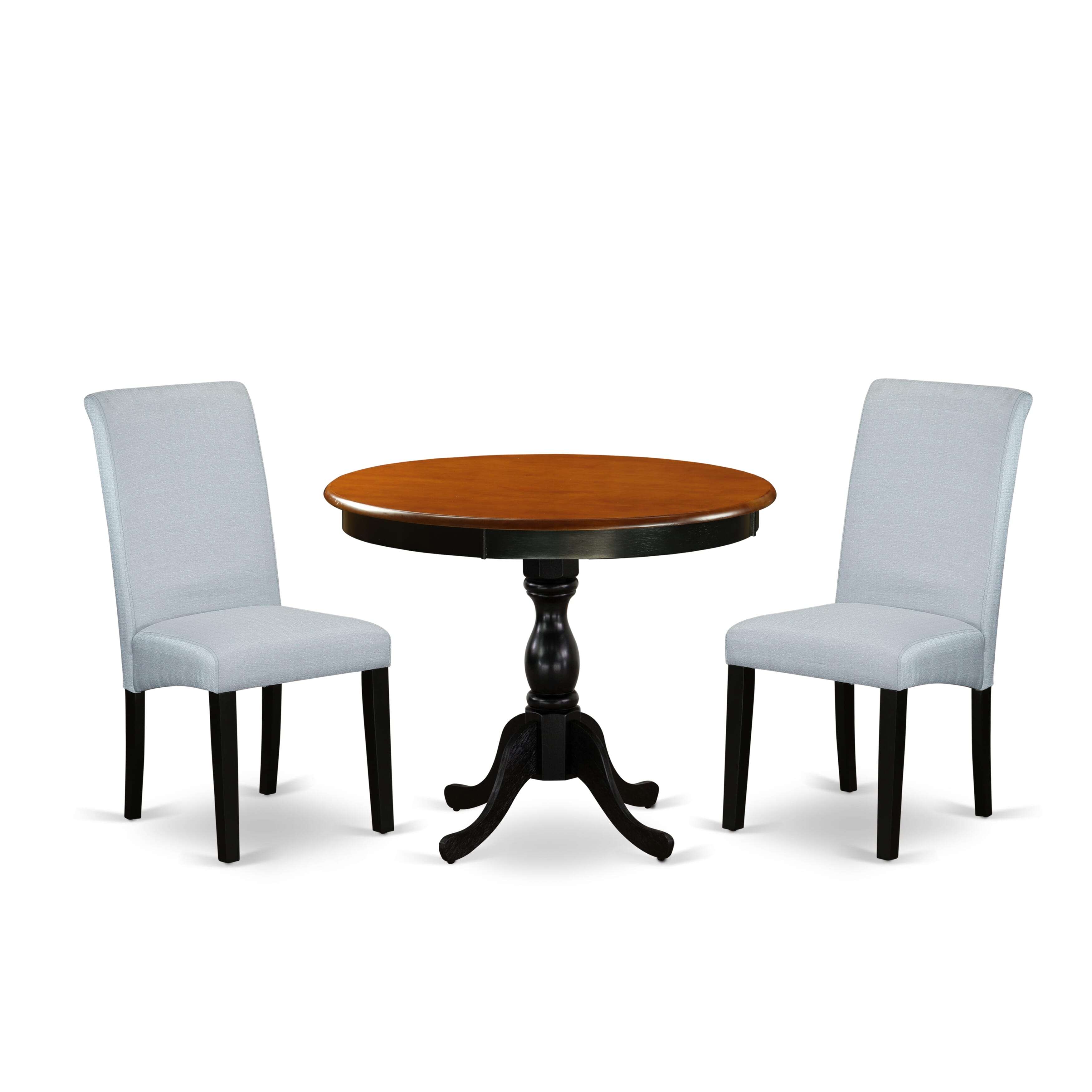 East West Furniture AMBA3-BCH-05 3-Pc Kitchen Table Set Consists of a Wood Dining Table and 2 Grey Linen Fabric Kitchen Chairs with High Back - Black Finish