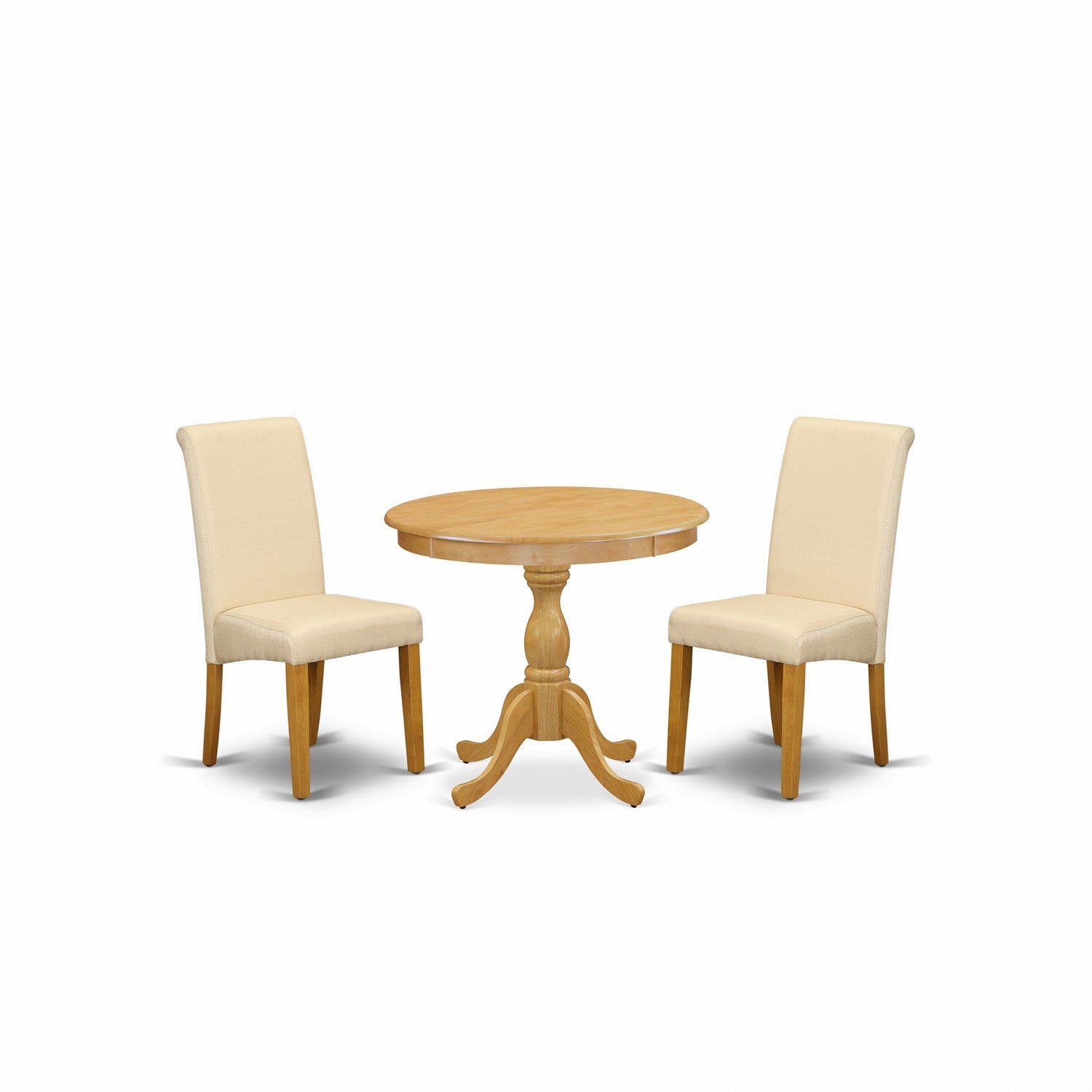 Juego de mesa de comedor de 3 piezas East West Furniture AMBA3-OAK-02. Incluye una mesa de cocina redonda con pedestal y 2 sillas de comedor Parson de tela de lino beige claro.