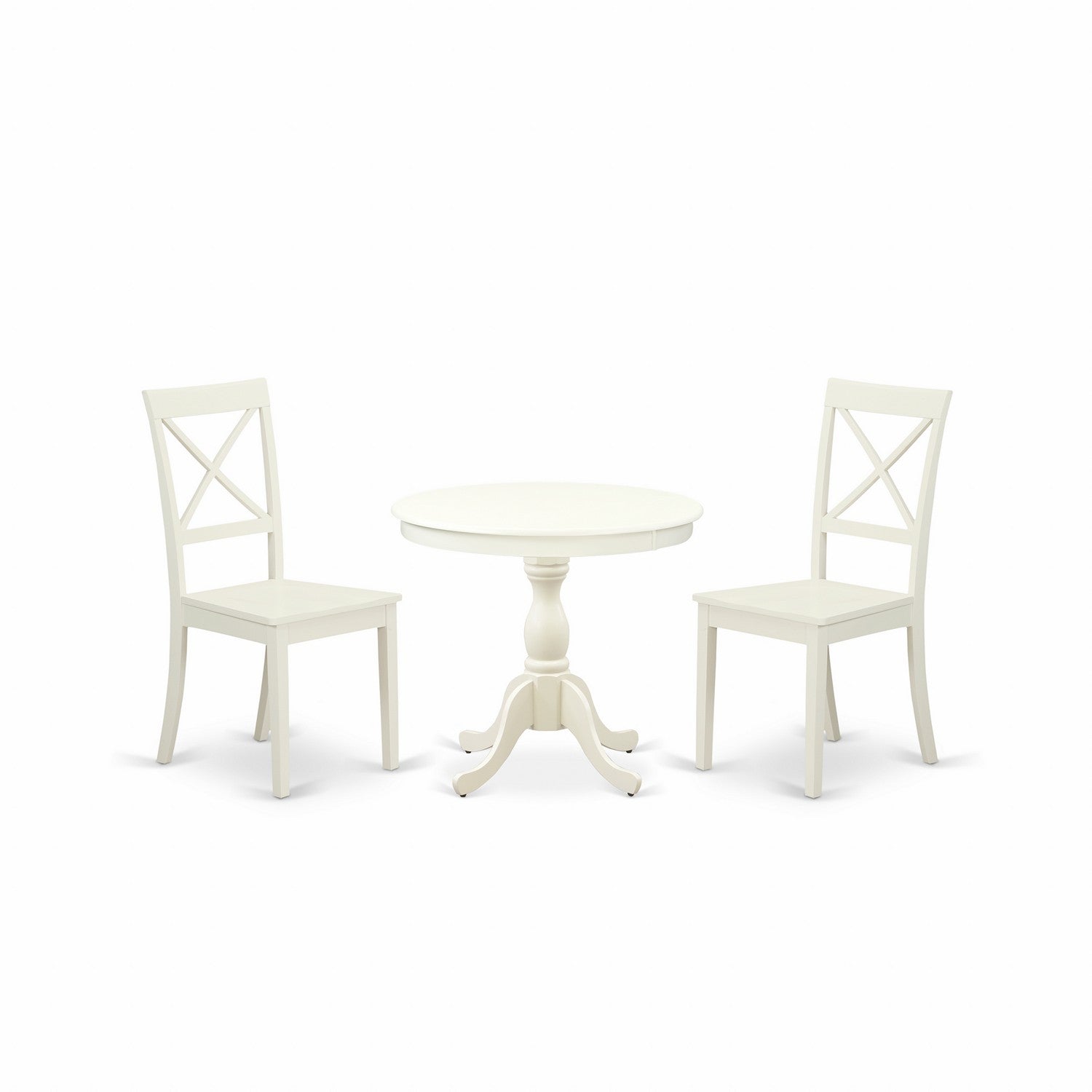 Juego de mesa y sillas de cocina de 3 piezas AMBO3-LWH-W de East West Furniture. Incluye una mesa de comedor redonda con pedestal y 2 sillas con asiento de madera maciza.