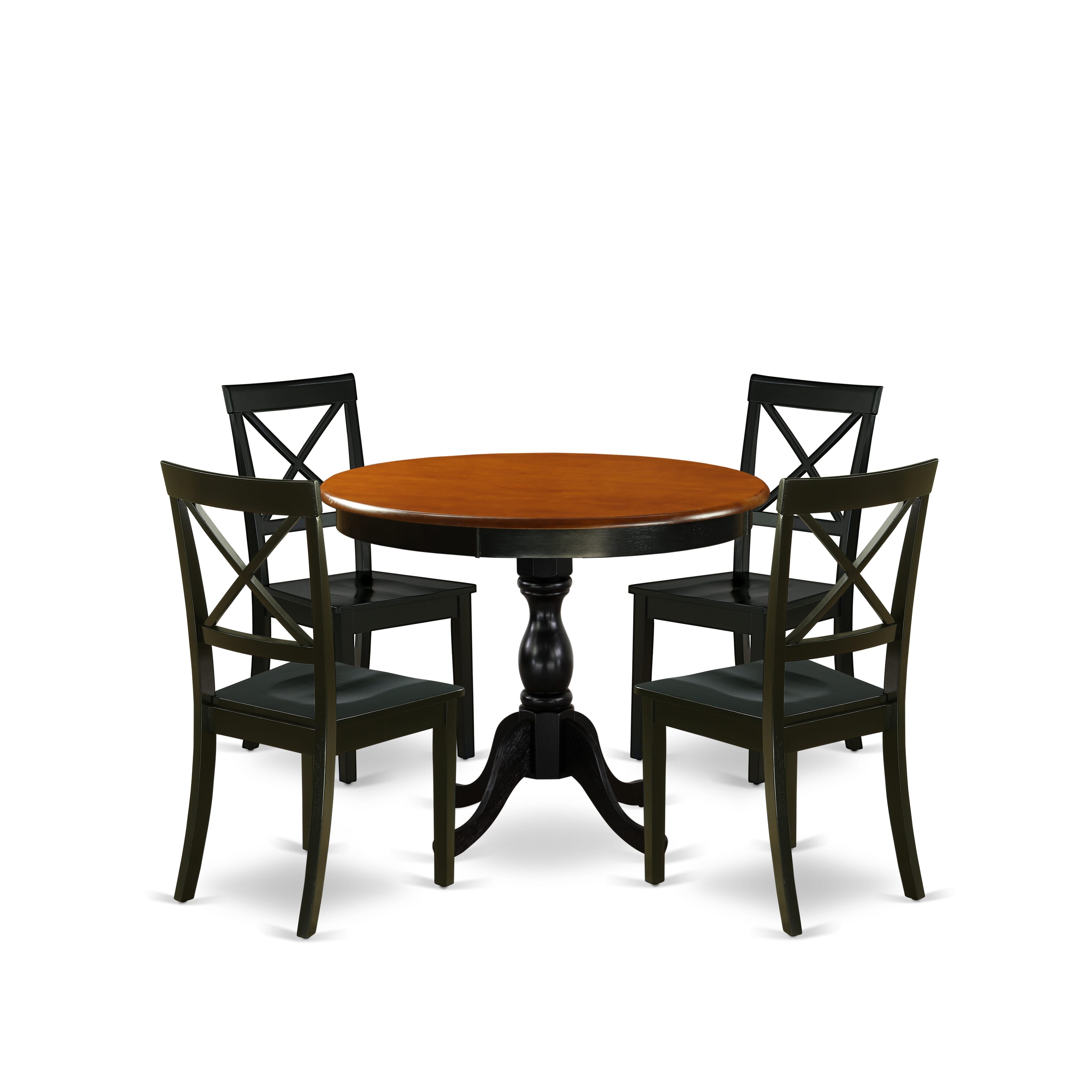 East West Furniture AMBO5-BCH-W 5-Piece Round Table Set Contains a Dinner Table and 4 Dining Room Chairs with X-Back - Black Finish