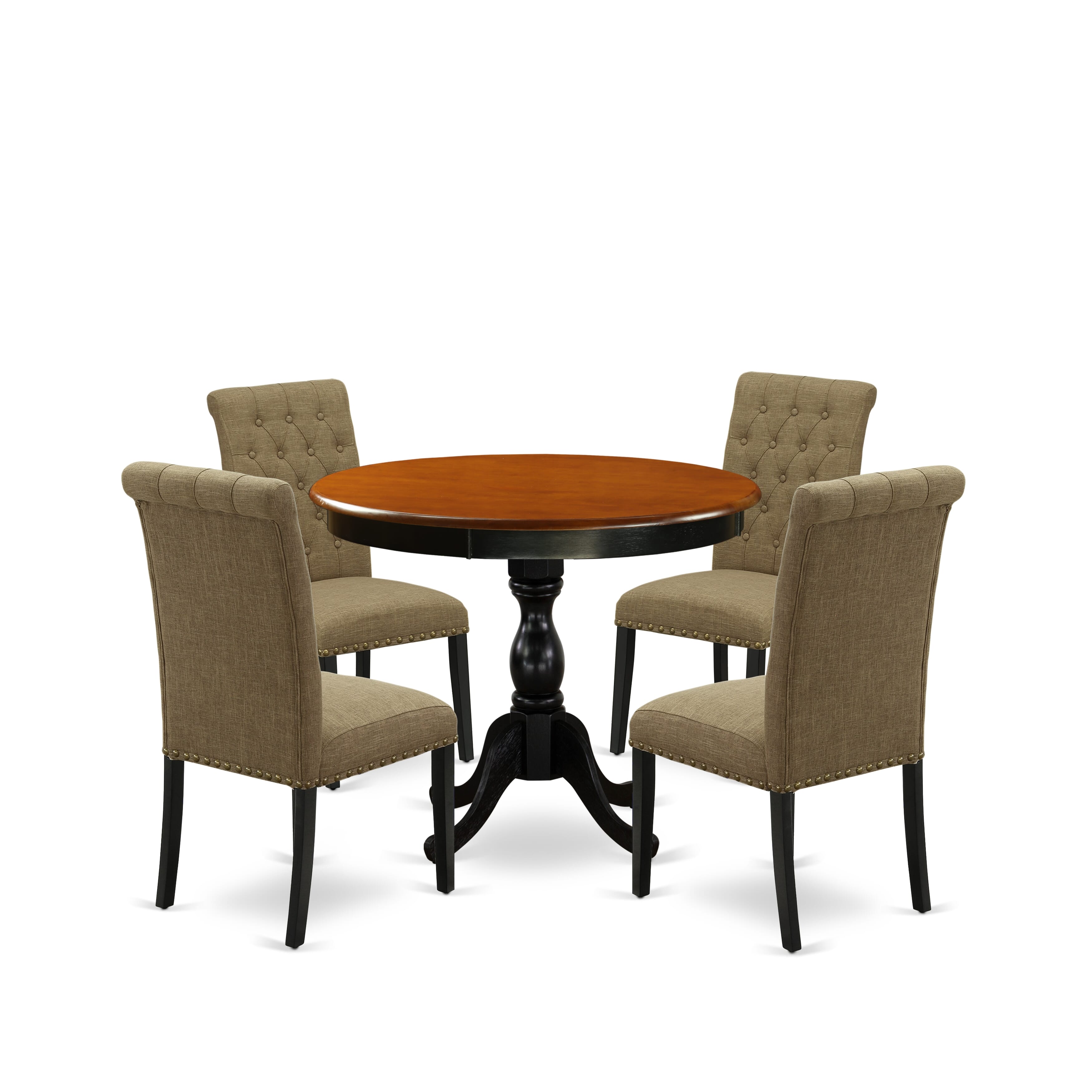 East West Furniture AMBR5-BCH-17 5-Piece Dinning Table Set Includes a Dinning Table and 4 Light Sable Linen Fabric Modern Dining Chairs with Button Tufted Back - Black Finish
