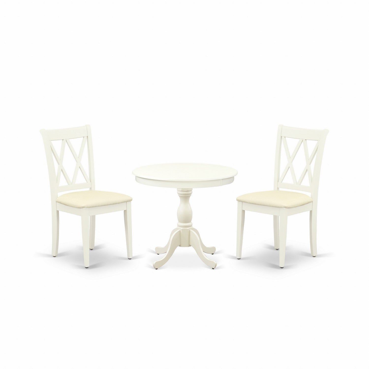 East West Furniture AMCL3-LWH-C 3 Piece Dinning Room Table Set Contains 1 Wood Table and 2 linen white Dining Room Chairs with Double X-Back - linen white Finish