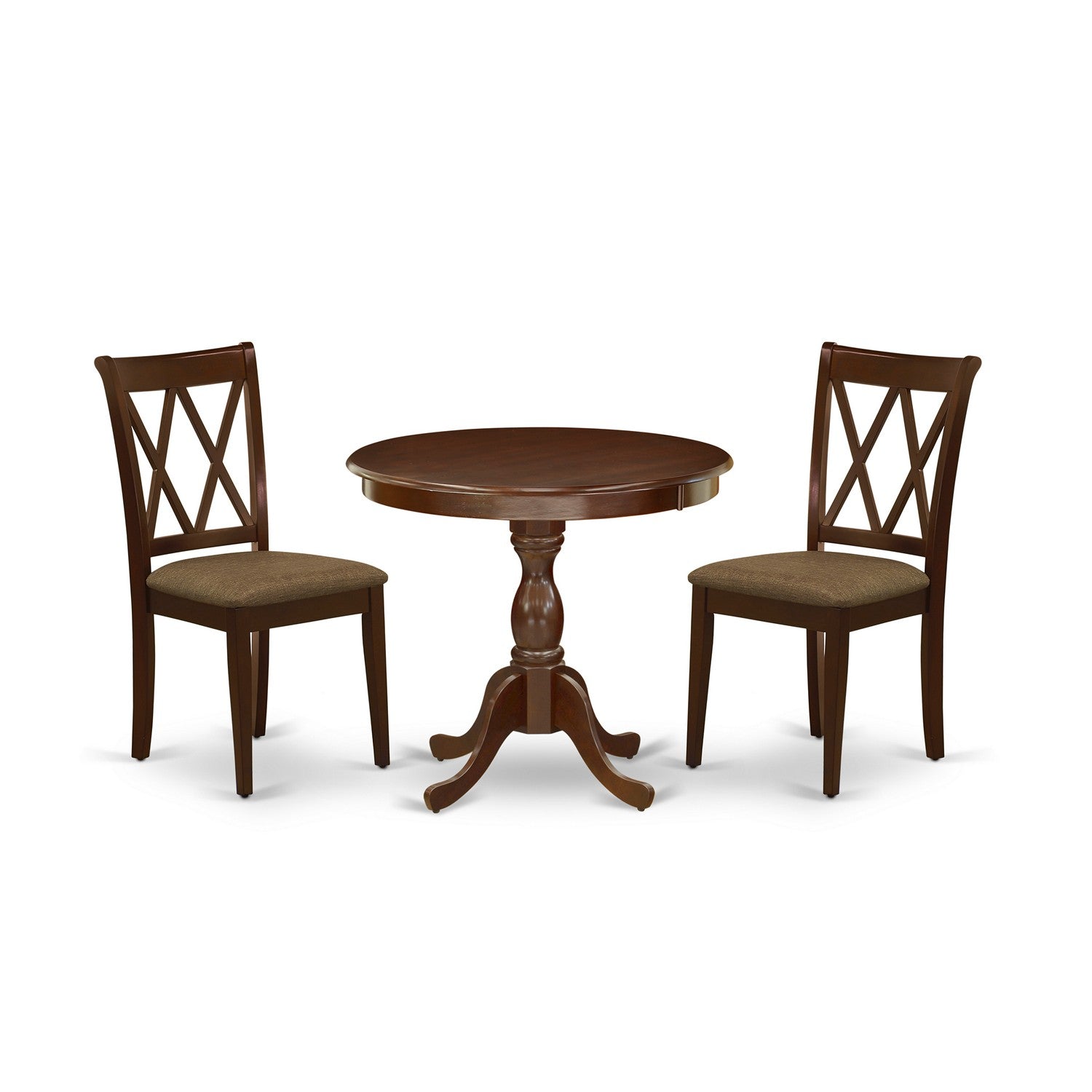 East West Furniture AMCL3-MAH-C 3 Piece Dining Room Table Set Includes 1 Pedestal Dining Table and 2 Mahogany Linen Fabric Dining Room Chairs with Double X-Back - Mahogany Finish