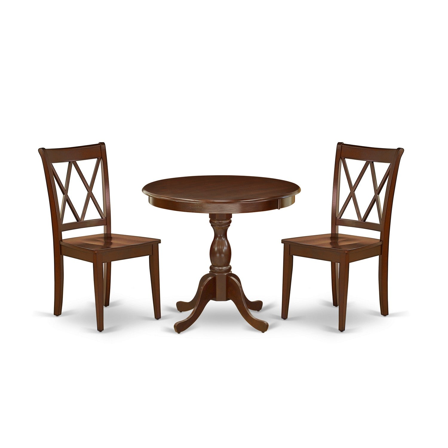 East West Furniture AMCL3-MAH-W 3 Piece Dining Table Set Includes 1 Dining Room Table and 2 Mahogany Wooden Chairs with Double X-Back - Mahogany Finish