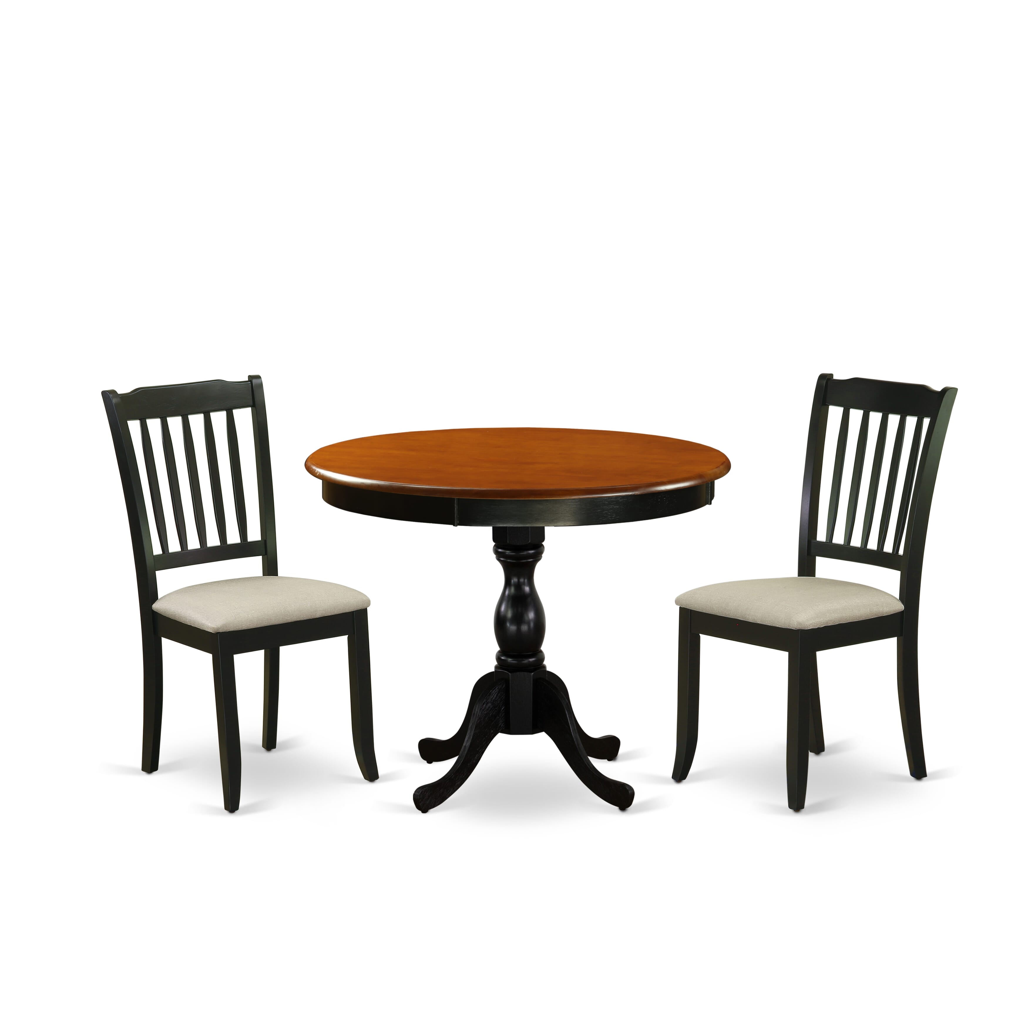 East West Furniture AMDA3-BCH-C 3-Pc Dinning Room Set Includes a Wood Dining Room Table and 2 Linen Fabric Mid Century Dining Chairs with Slatted Back - Black Finish