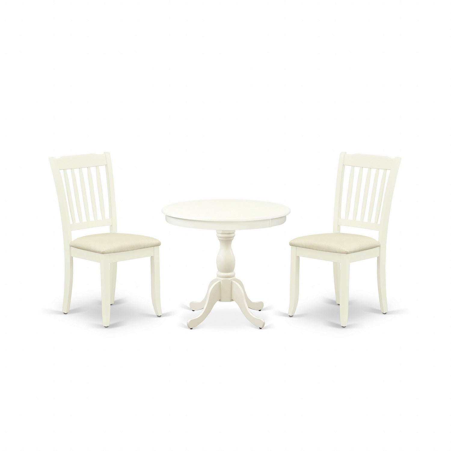 Juego de mesa de comedor de 3 piezas AMDA3-LWH-C de East West Furniture para espacios pequeños. Contiene una mesa de cocina redonda con pedestal y 2 sillas tapizadas en tela de lino.