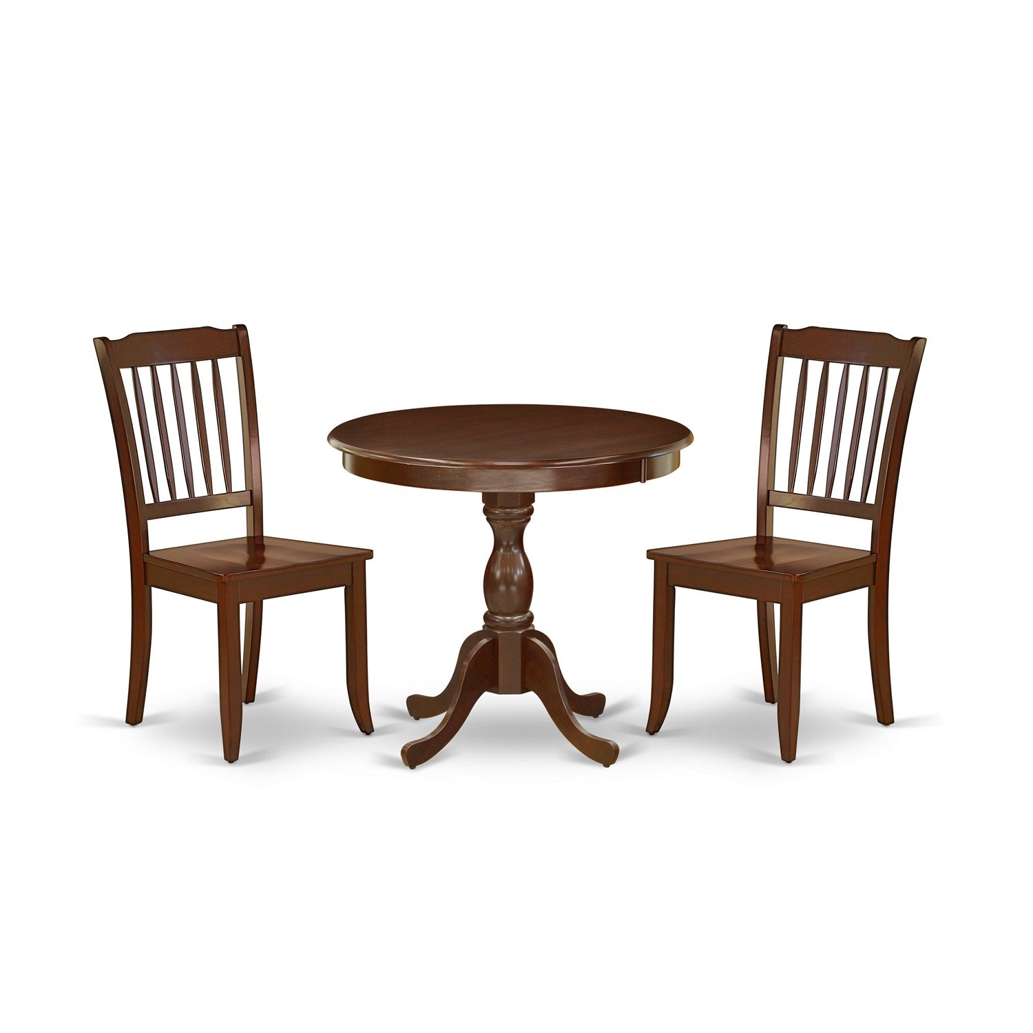 Juego de mesa de comedor de 3 piezas AMDA3-MAH-W de East West Furniture para espacios pequeños. Contiene una mesa de cocina redonda con pedestal y 2 sillas de comedor.