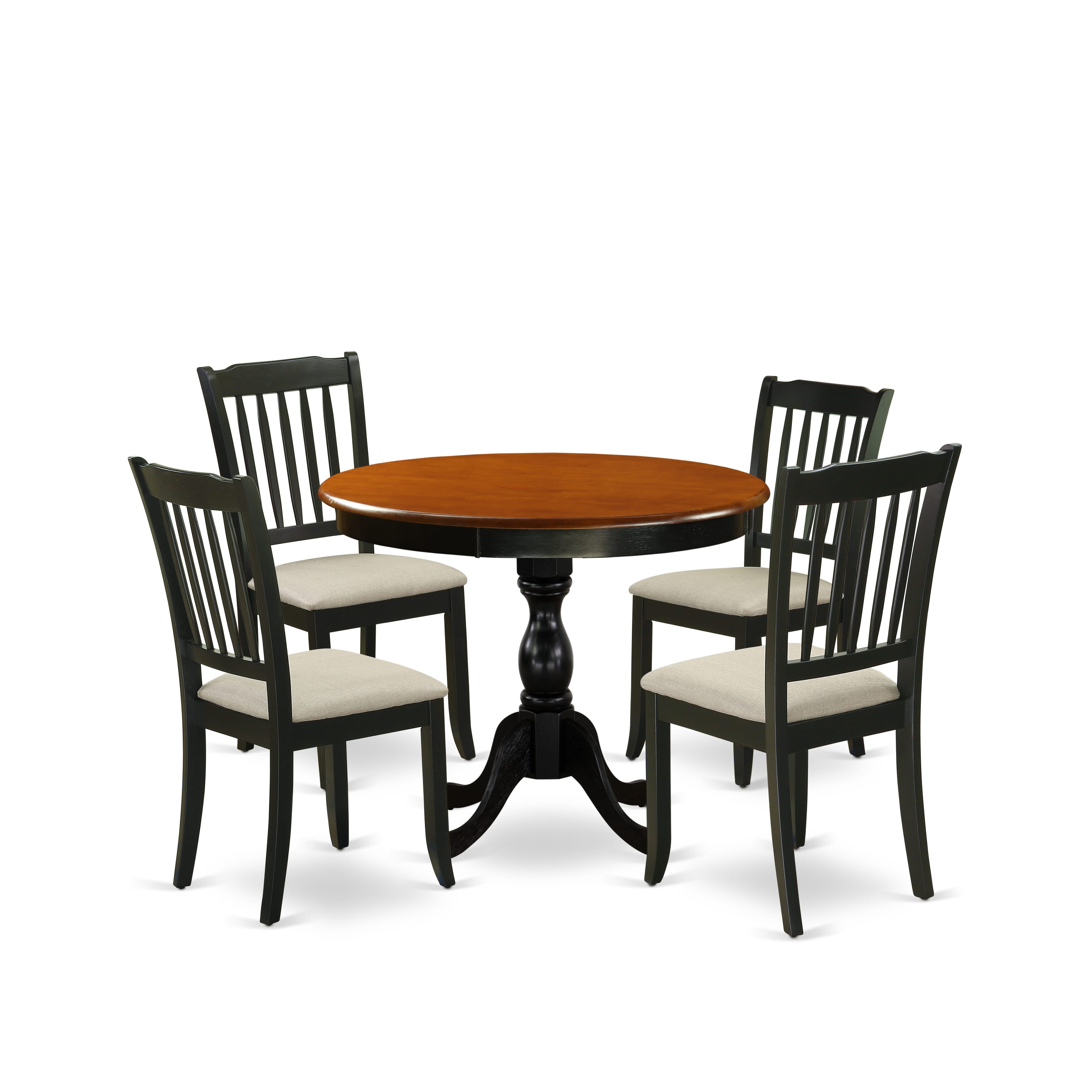 East West Furniture AMDA5-BCH-C 5-Piece Modern Dining Set Includes a Round Wood Table and 4 Linen Fabric Dining Room Chairs with Slatted Back - Black Finish
