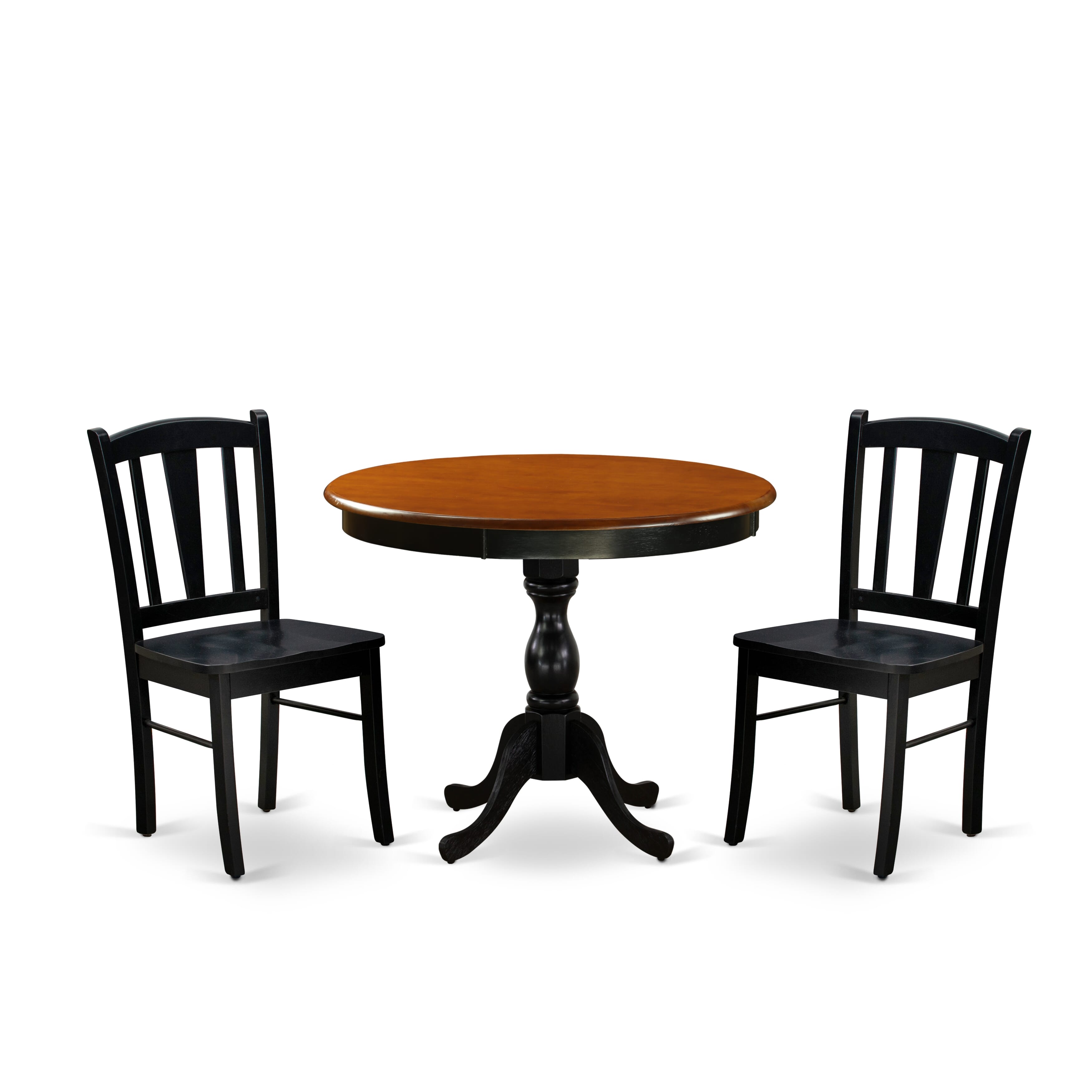 East West Furniture AMDL3-BCH-W 3-Pc Kitchen Dining Table Set Contains a Dining Table and 2 Mid Century Dining Chairs with Slatted Back - Black Finish