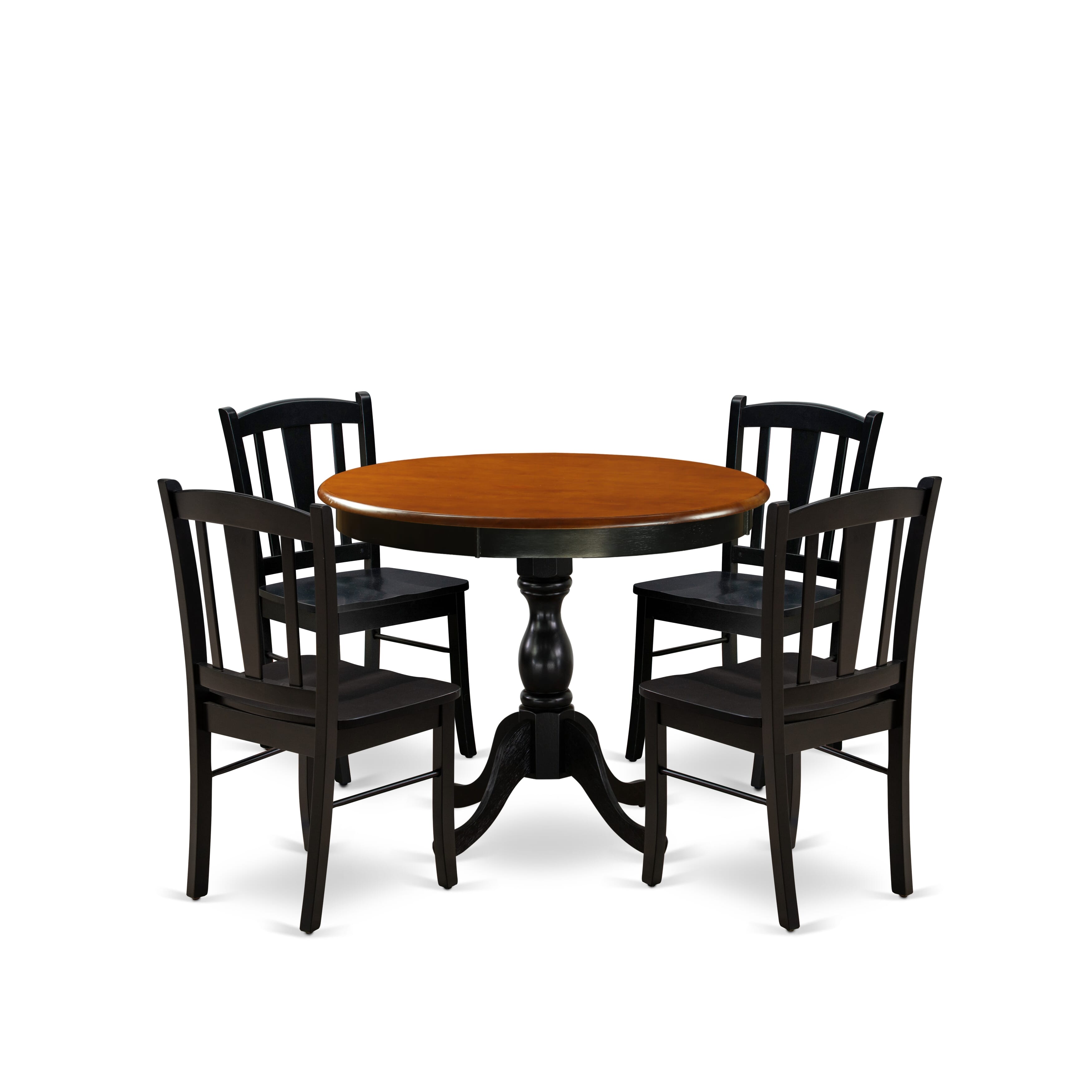 East West Furniture AMDL5-BCH-W 5-Piece Modern Dining Set Includes a Round Wood Table and 4 Dining Room Chairs with Slatted Back - Black Finish