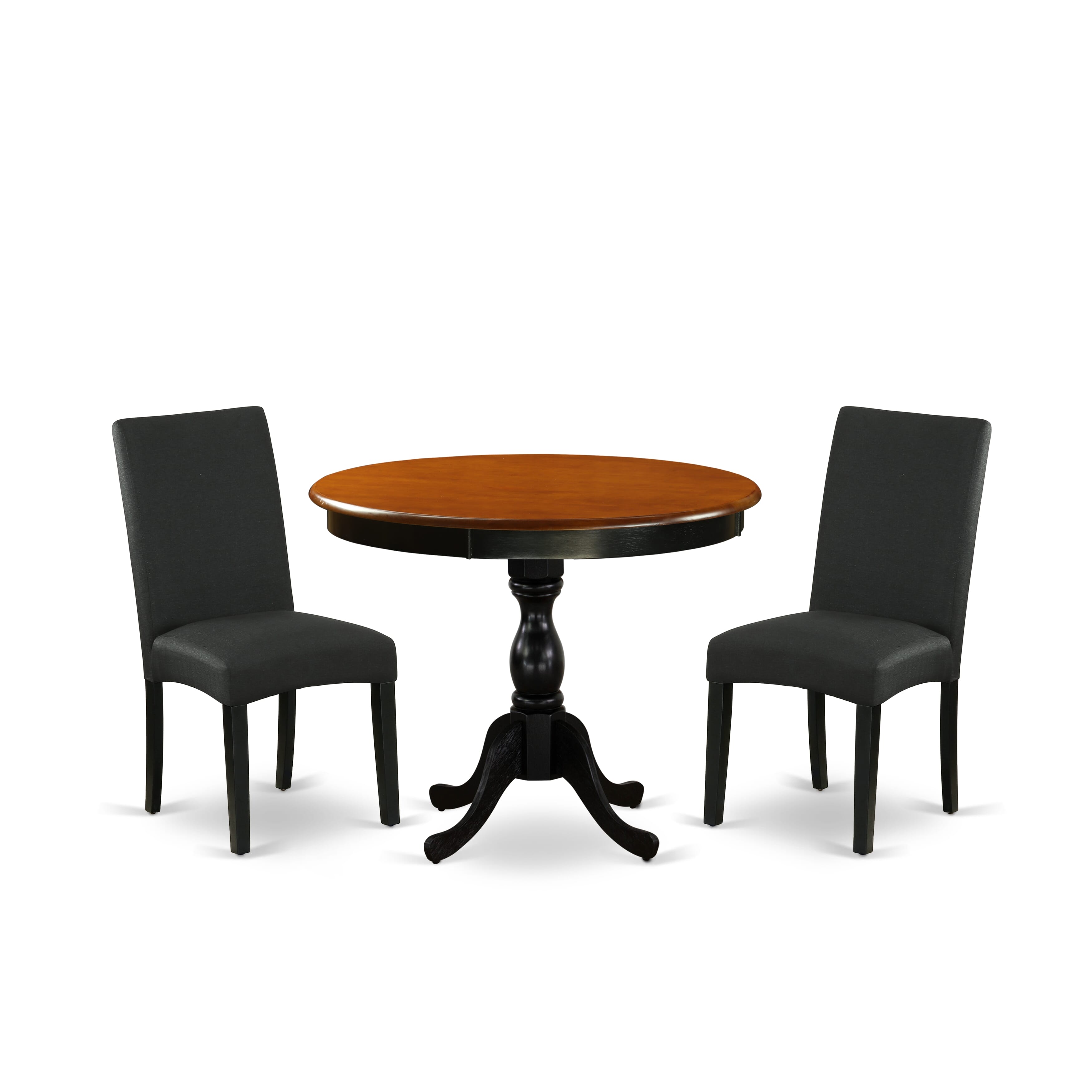 East West Furniture AMDR3-BCH-24 3-Pc Dinner Table Set Contains a Round Dining Room Table and 2 Black Linen Fabric Parsons Chairs with High Back - Black Finish