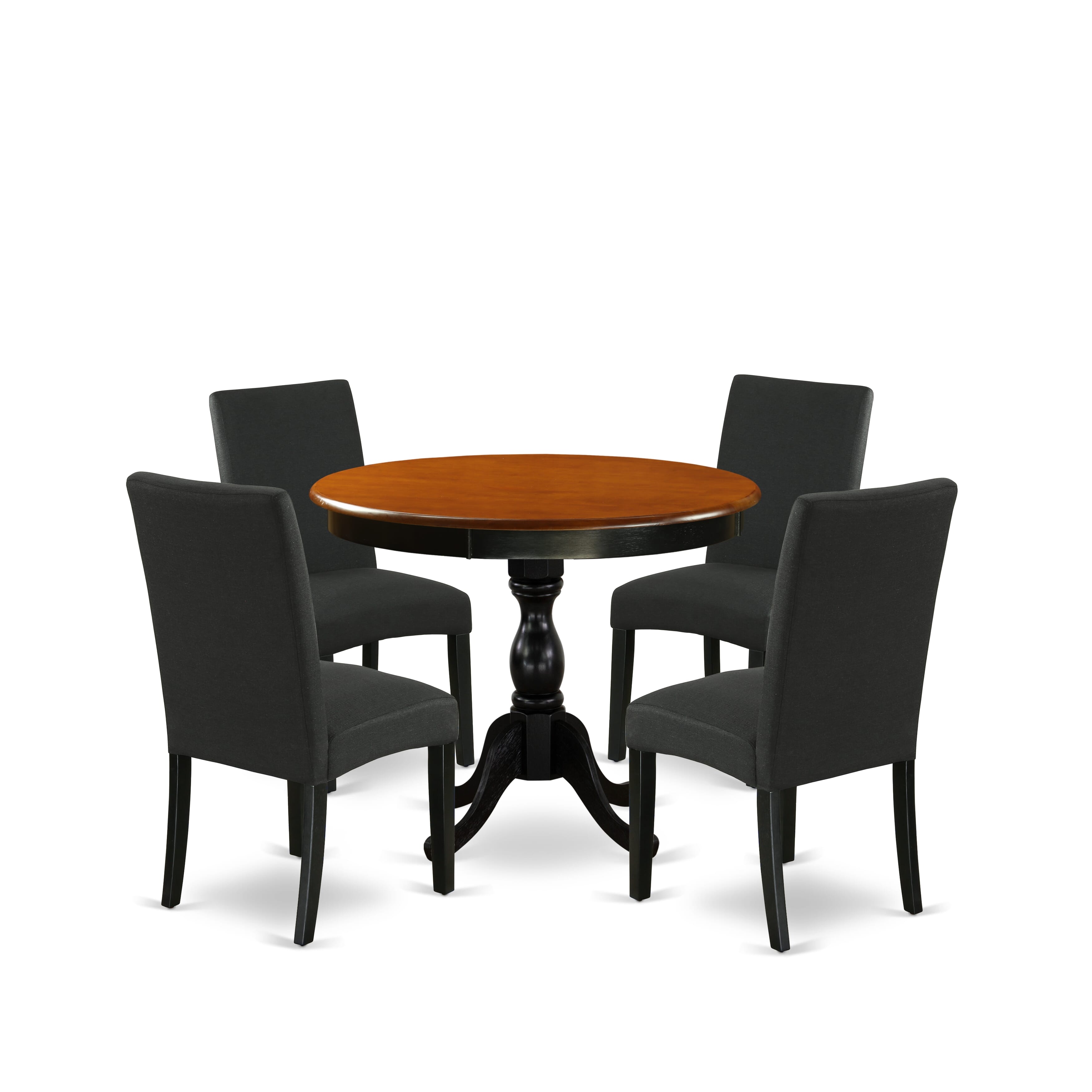 East West Furniture AMDR5-BCH-24 5-Piece Round Dining Set Includes a Wooden Dinner Table and 4 Black Linen Fabric Parson Dining Chairs with High Back - Black Finish