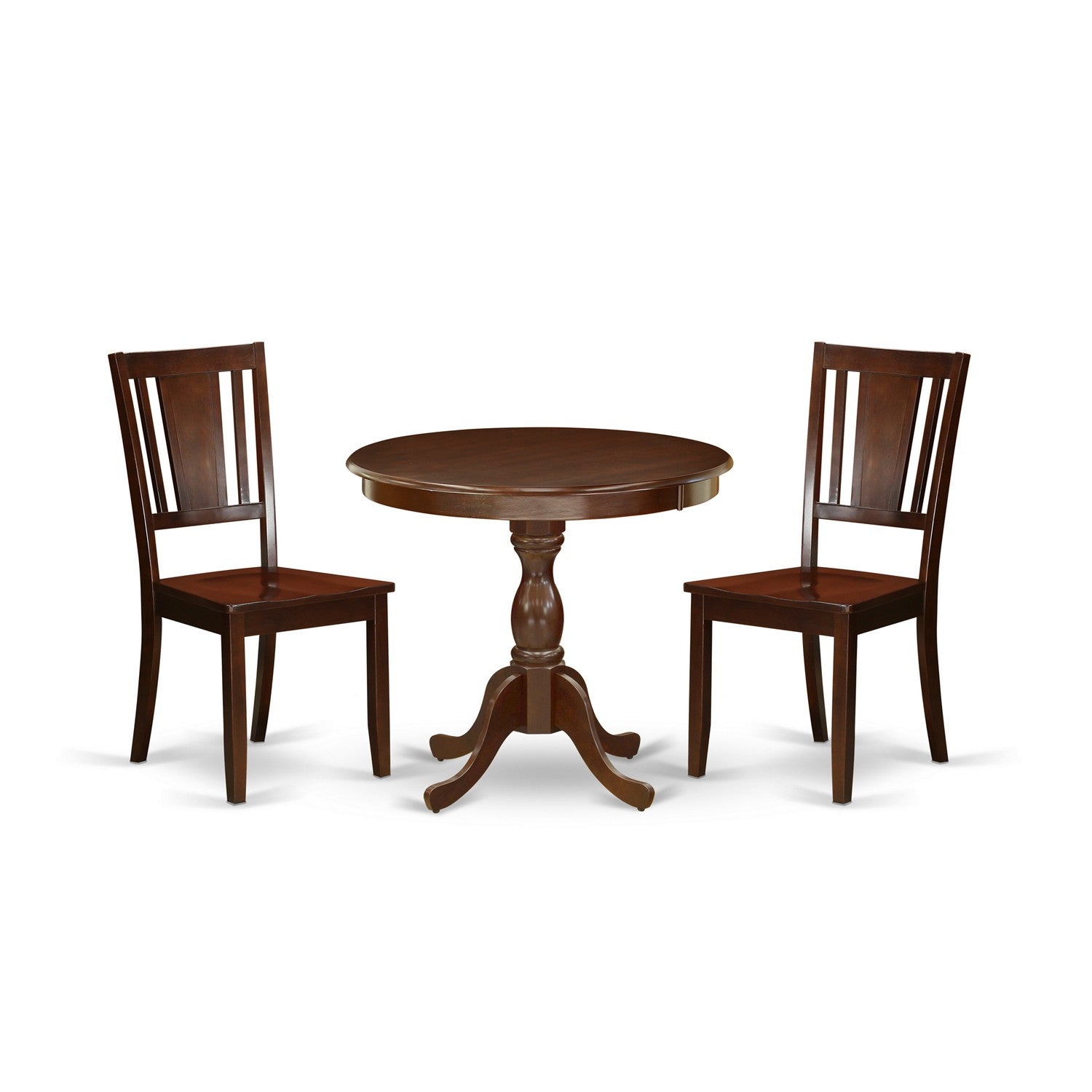 East West Furniture AMDU3-MAH-W 3 Piece DINETTE SET Consists of 1 Pedestal Dining Table and 2 Mahogany Dining Chairs with Panel Back - Mahogany Finish