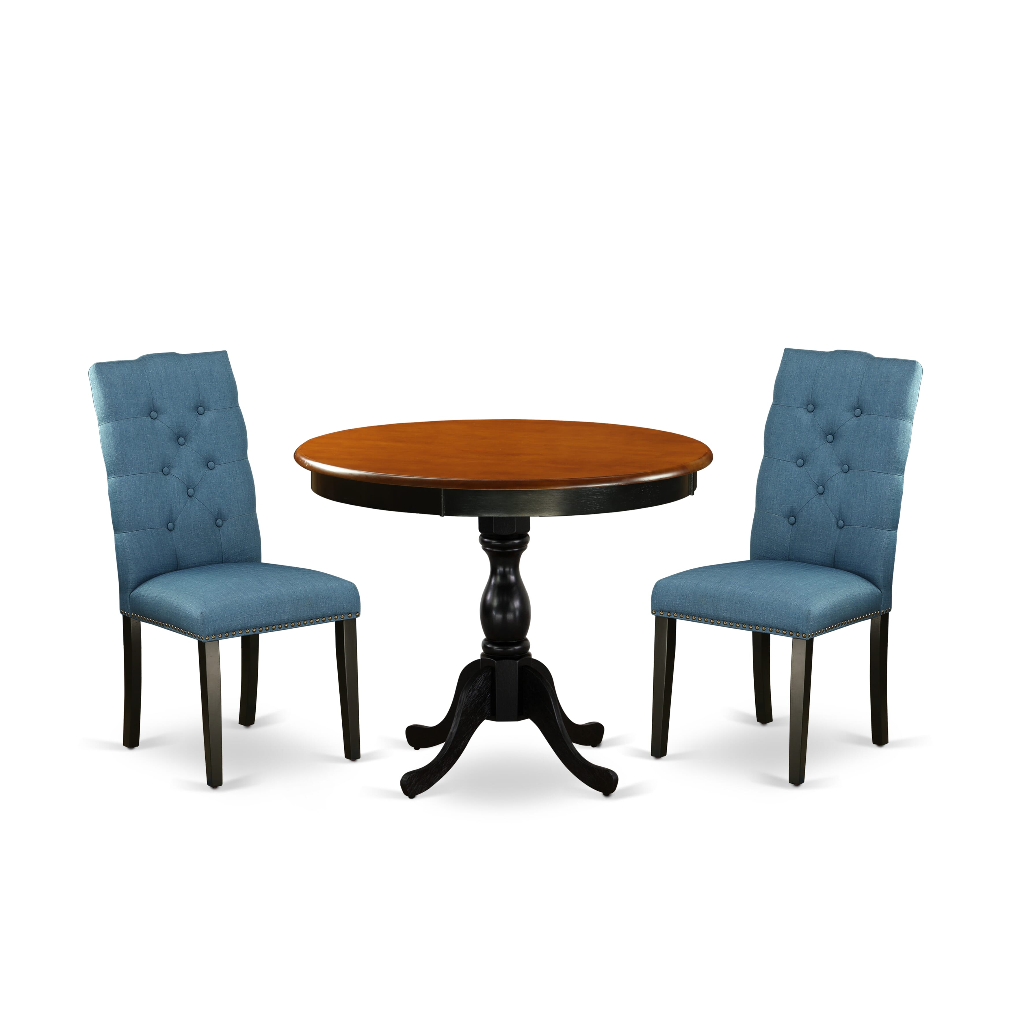 East West Furniture AMEL3-BCH-21 3-Pc Dining Table Set Includes a Wooden Dining Table and 2 Blue Linen Fabric Parson Chairs with Button Tufted Back - Black Finish