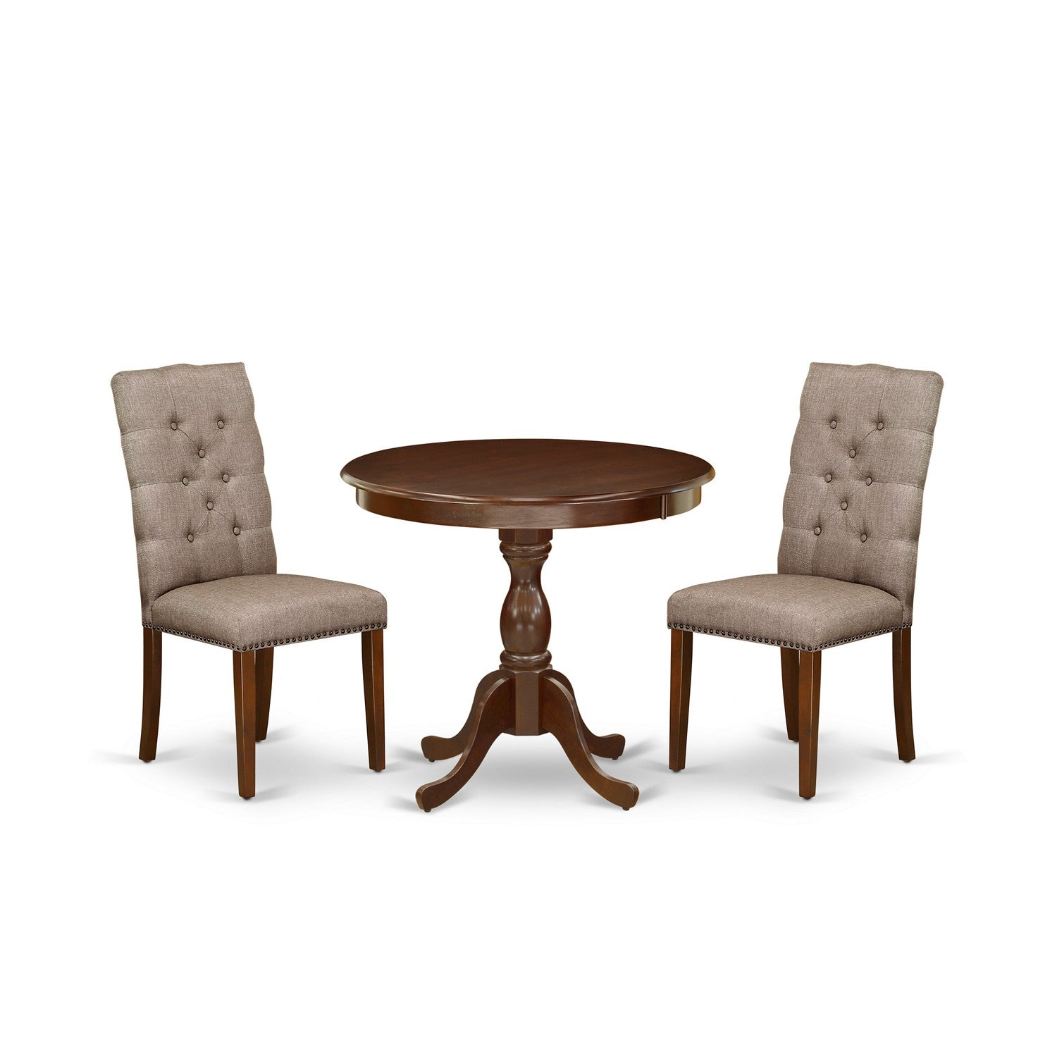 Juego de mesa de comedor moderna de 3 piezas East West Furniture AMEL3-MAH-16. Incluye una mesa de cocina redonda con pedestal y 2 sillas tapizadas en tela de lino color caqui oscuro.