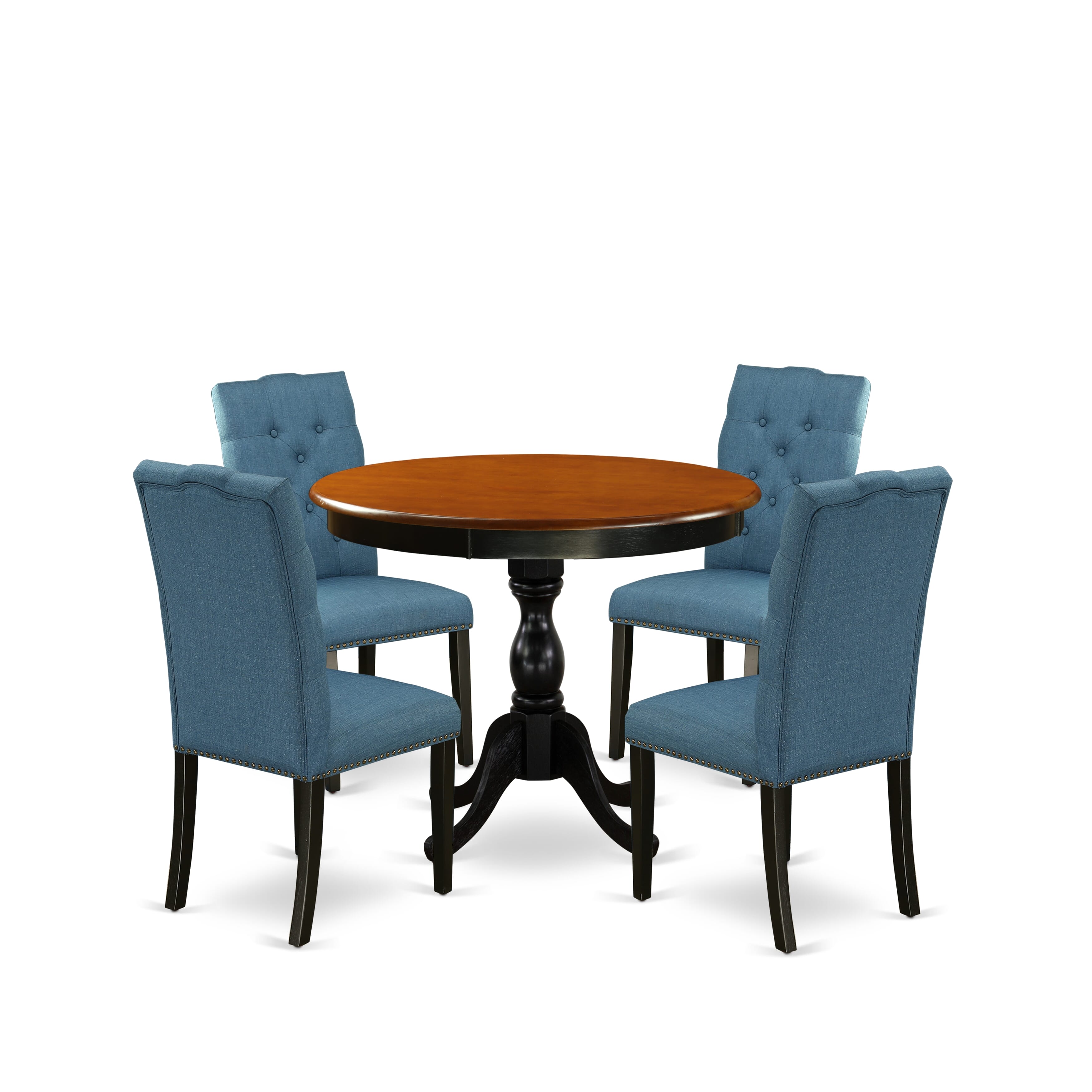 East West Furniture AMEL5-BCH-21 5-Piece Kitchen Dining Table Set Includes a Round Dining Table and 4 Blue Linen Fabric Kitchen Chairs with Button Tufted Back - Black Finish