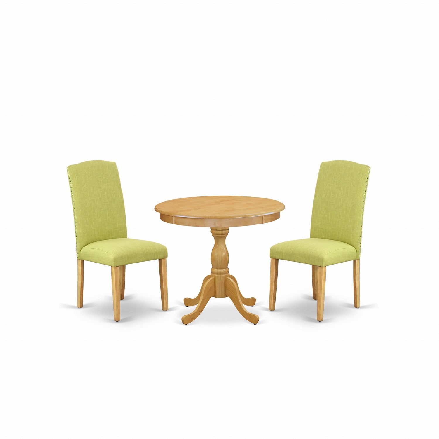 Juego de mesa de cocina de 3 piezas AMEN3-OAK-07 de East West Furniture. Contiene una mesa de comedor redonda con pedestal y 2 sillas de comedor Parson de tela de lino Limelight.