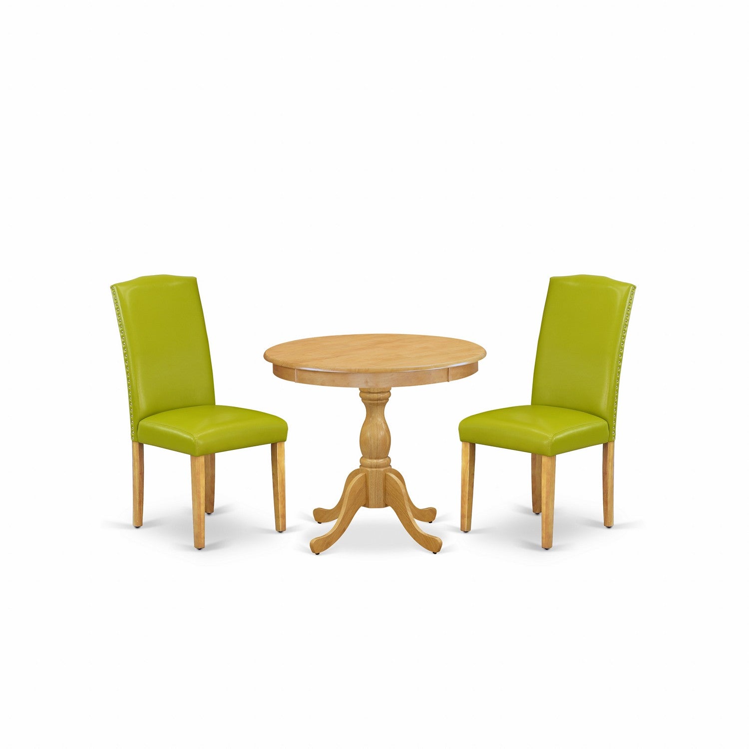 Juego de comedor de 3 piezas AMEN3-OAK-51 de East West Furniture. Contiene una mesa de comedor redonda con pedestal y 2 sillas Parson tapizadas en piel sintética verde otoño.