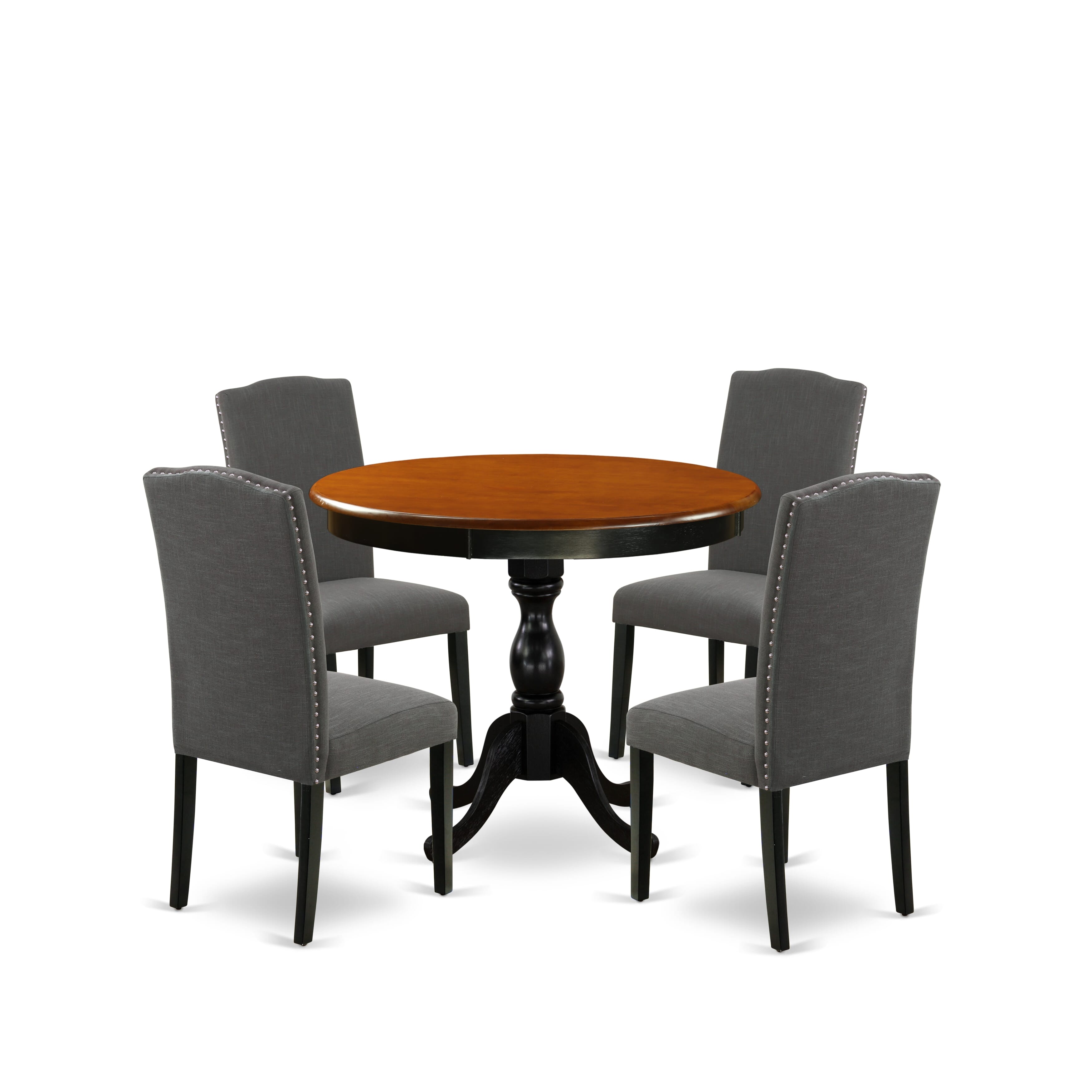 East West Furniture AMEN5-BCH-20 5-Pc Round Kitchen Table Set Contains a Wood Kitchen Table and 4 Dark Gotham Grey Linen Fabric Kitchen Chairs with High Back - Black Finish