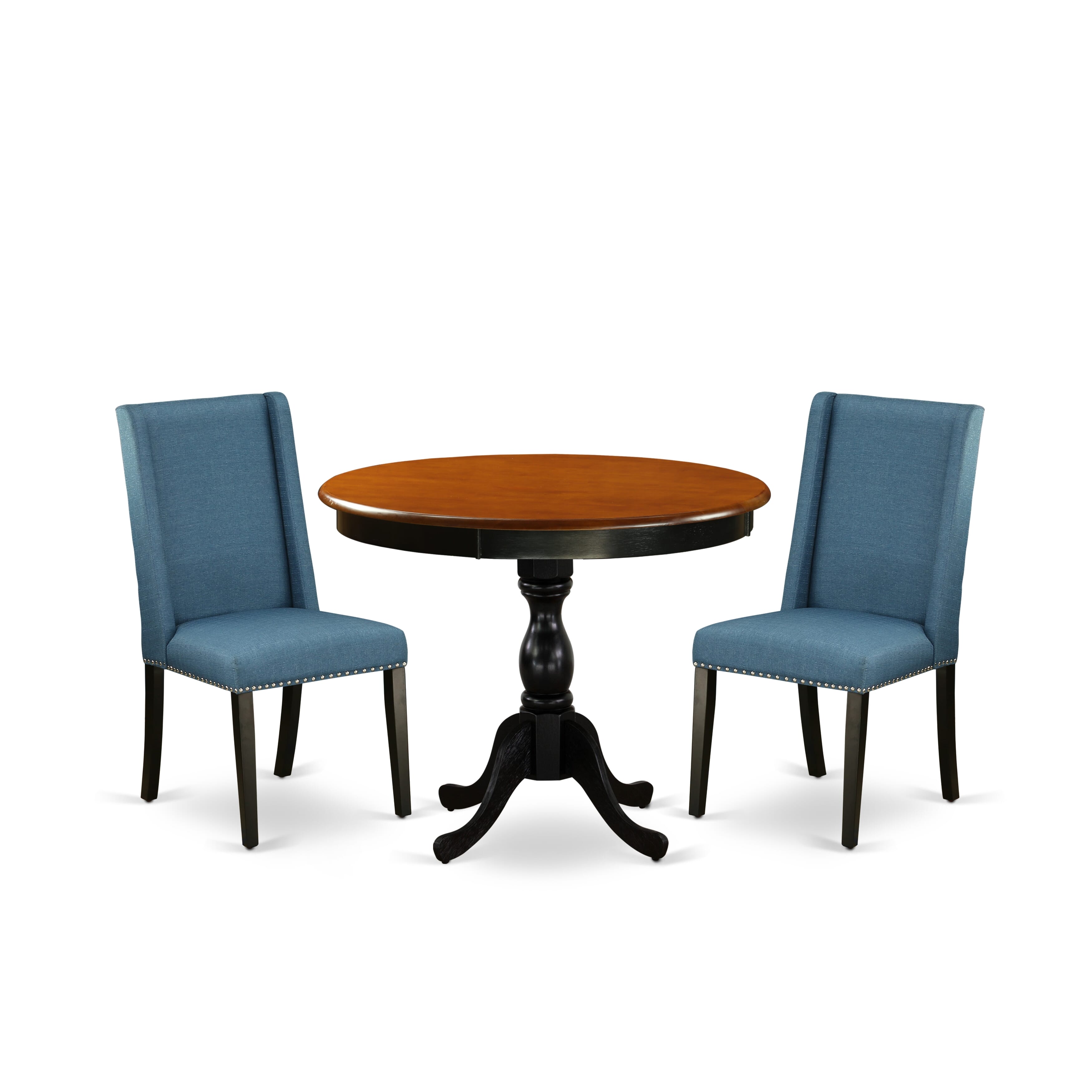 Juego de mesa de comedor moderna de 3 piezas East West Furniture AMFL3-BCH-21. Incluye una mesa de cocina redonda con pedestal y dos sillas Parson tapizadas en tela de lino azul.