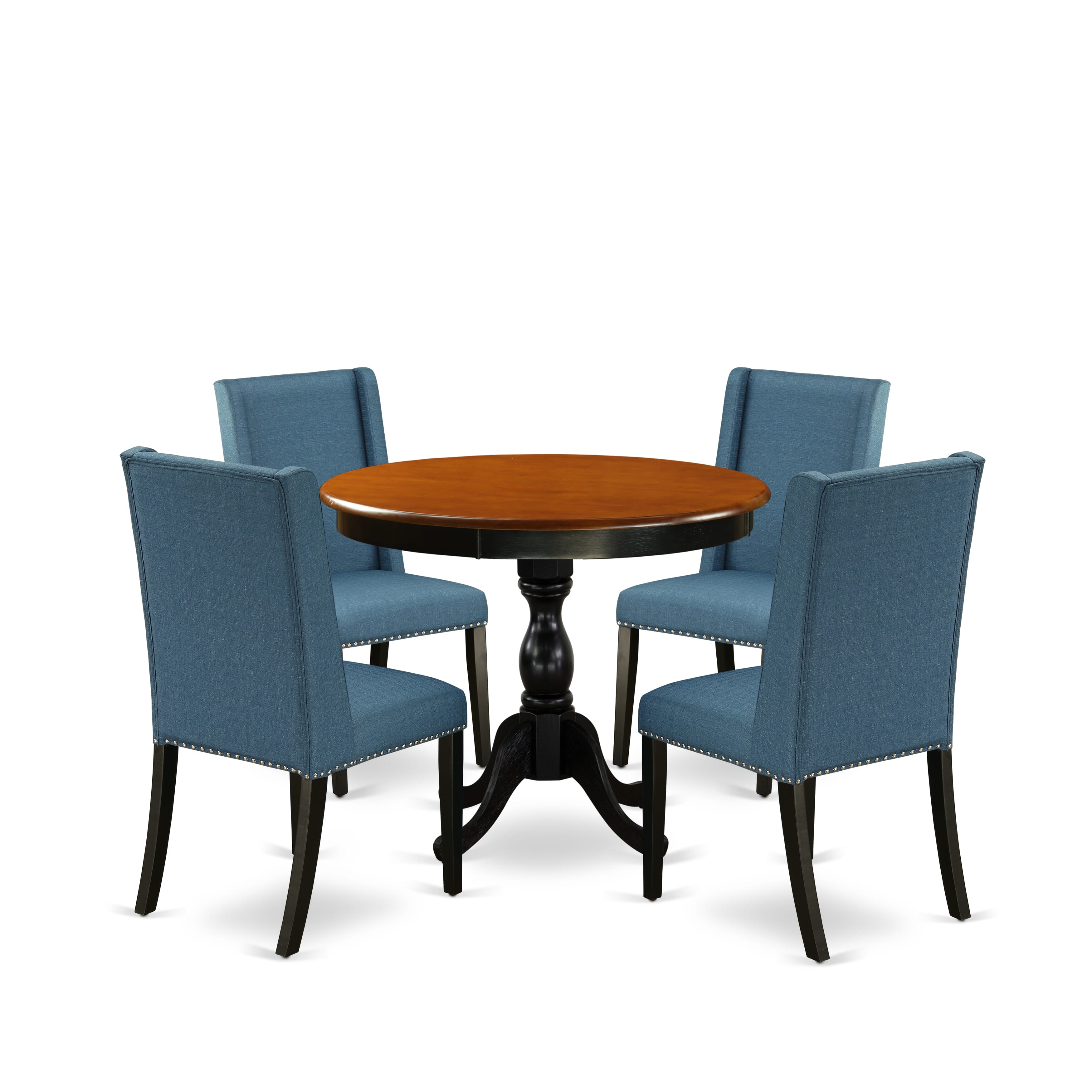 East West Furniture AMFL5-BCH-21 5-Piece Wooden Dining Set Consists of a Kitchen Dining Table and 4 Blue Linen Fabric Dining Room Chairs with High Back - Black Finish