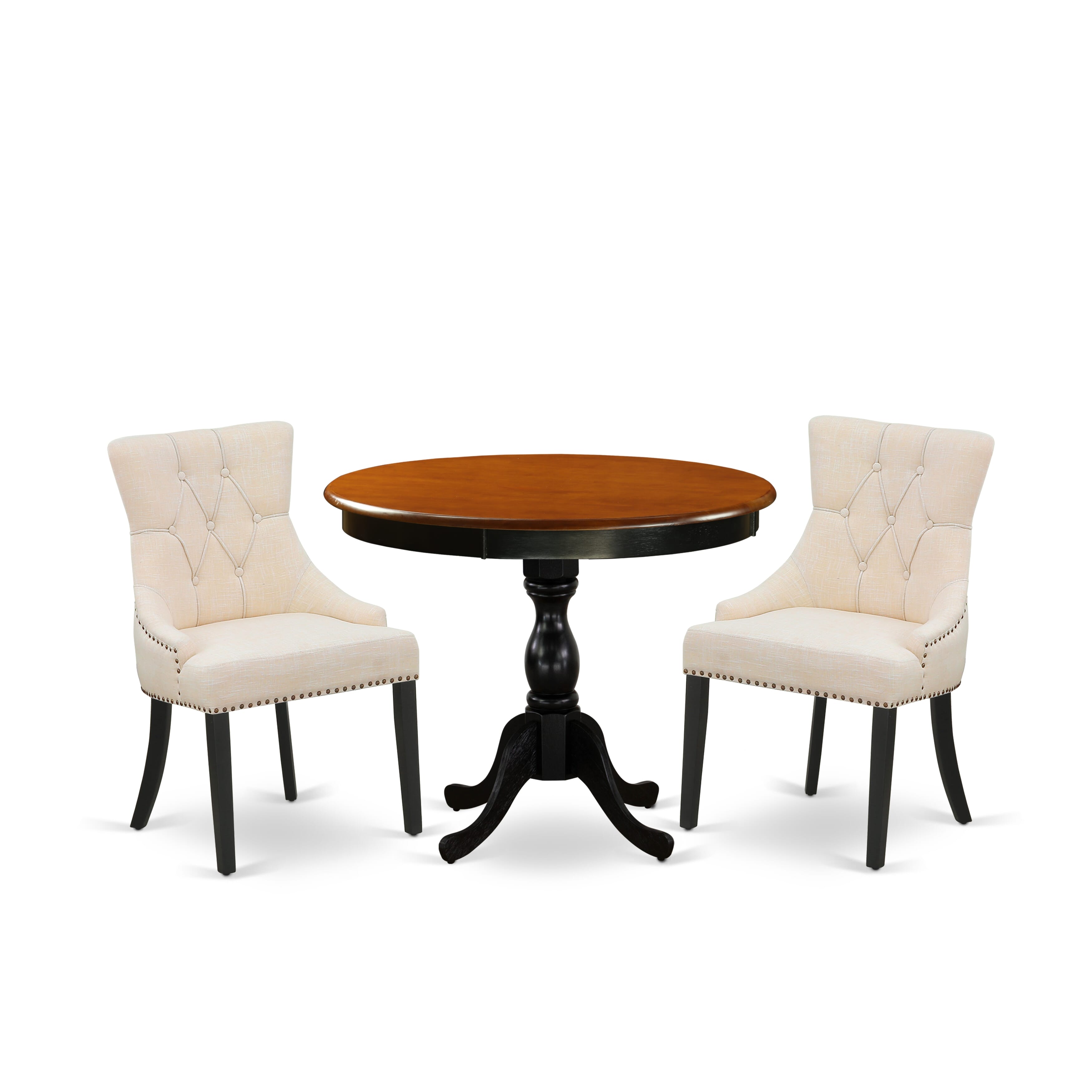 East West Furniture AMFR3-BCH-02 3-Pc Dining Table Set Consists of a Kitchen Table and 2 Light Beige Linen Fabric Upholstered Chairs with Button Tufted Back - Black Finish