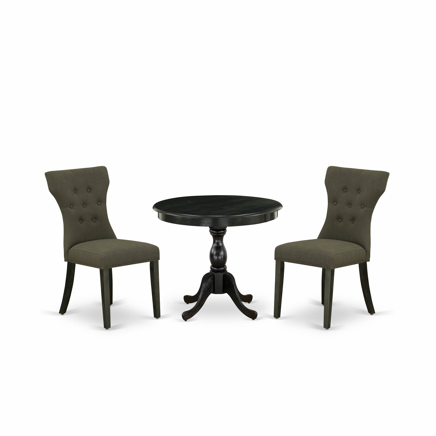 East West Furniture AMGA3-ABK-50 3 Piece Dining Set Contains 1 Dining Table and 2 Dark Gotham Grey Linen Fabric Dining Chairs Button Tufted Back with Nail Heads - Wire Brushed Black Finish