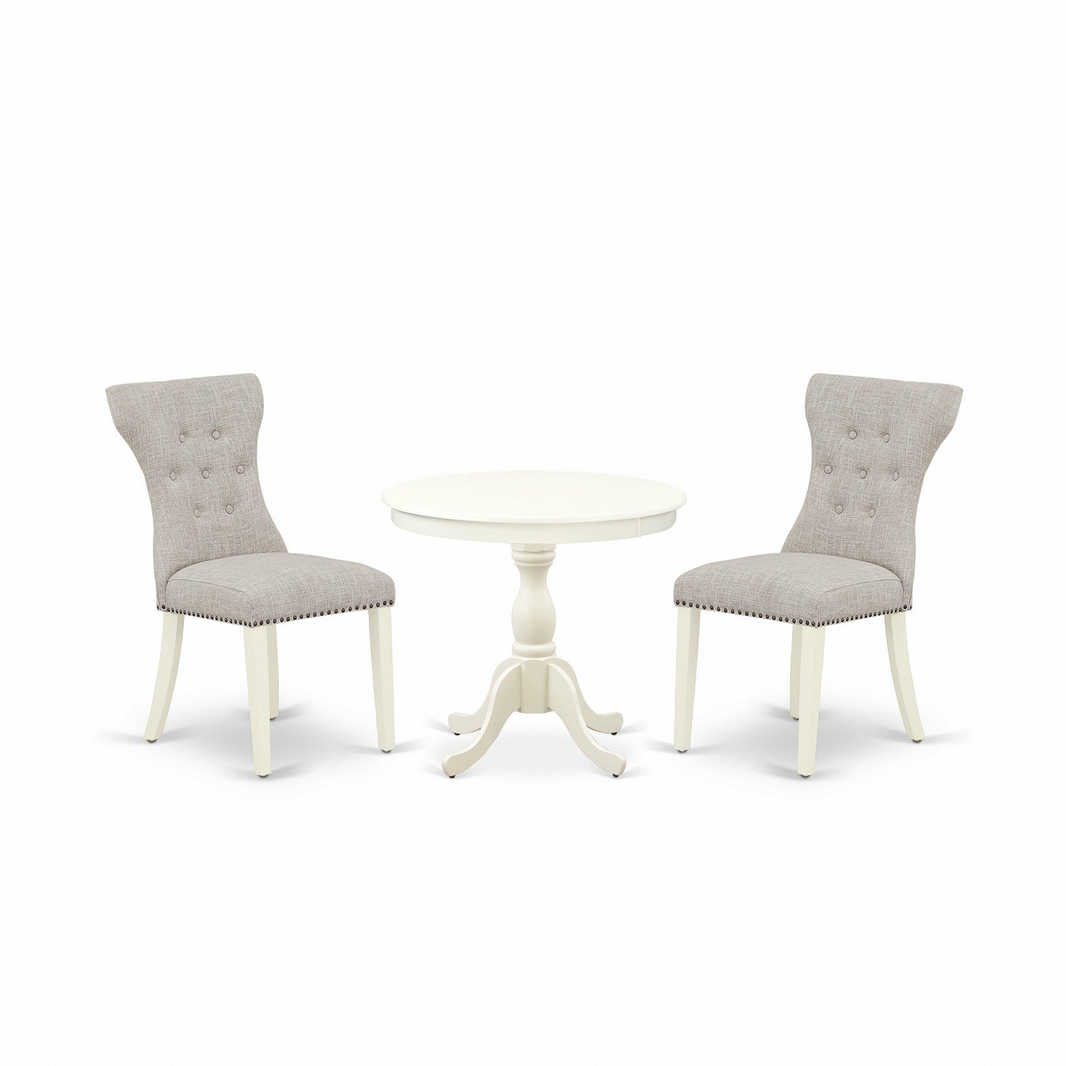 Juego de mesa de cocina de 3 piezas East West Furniture AMGA3-LWH-35. Incluye una mesa de comedor redonda con pedestal y dos sillas de comedor Parson de tela de lino y piel de venado.