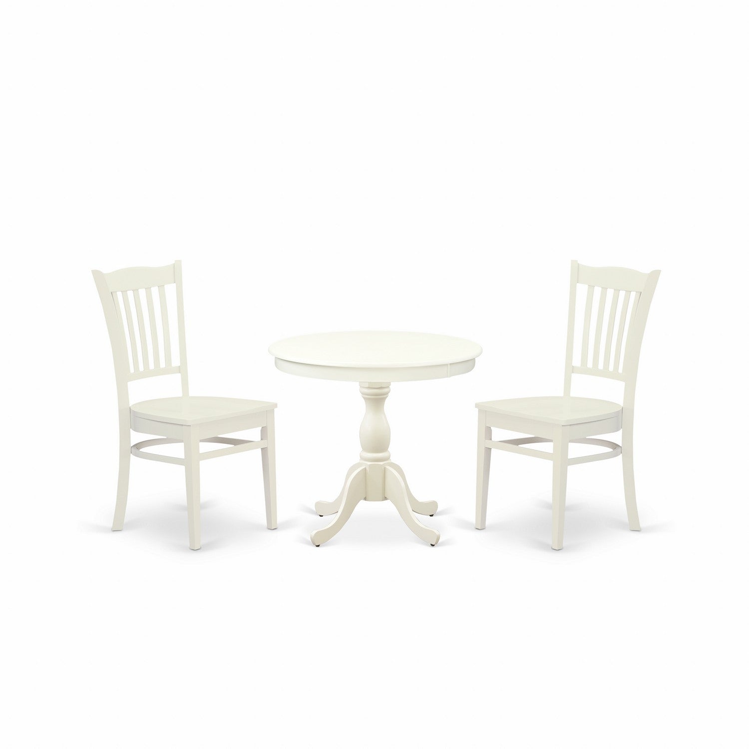 East West Furniture AMGR3-LWH-W 3 Piece Wooden Dining Table Set Consists of 1 Round Pedestal Table and 2 linen white Kitchen Chairs with Slatted Back - linen white Finish