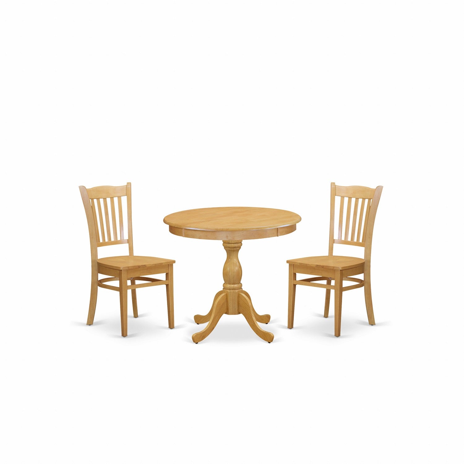 East West Furniture AMGR3-OAK-W 3 Piece Dining Table Set Includes 1 Round Pedestal Dining Table and 2 Oak Dining Room Chairs with Slatted Back - Oak Finish