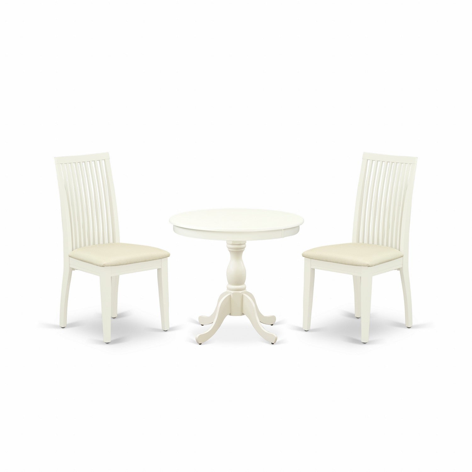East West Furniture AMIP3-LWH-C 3 Piece Dining Room Table Set Includes 1 Dinner Table and 2 linen white Kitchen Chairs with Slatted Back - linen white Finish
