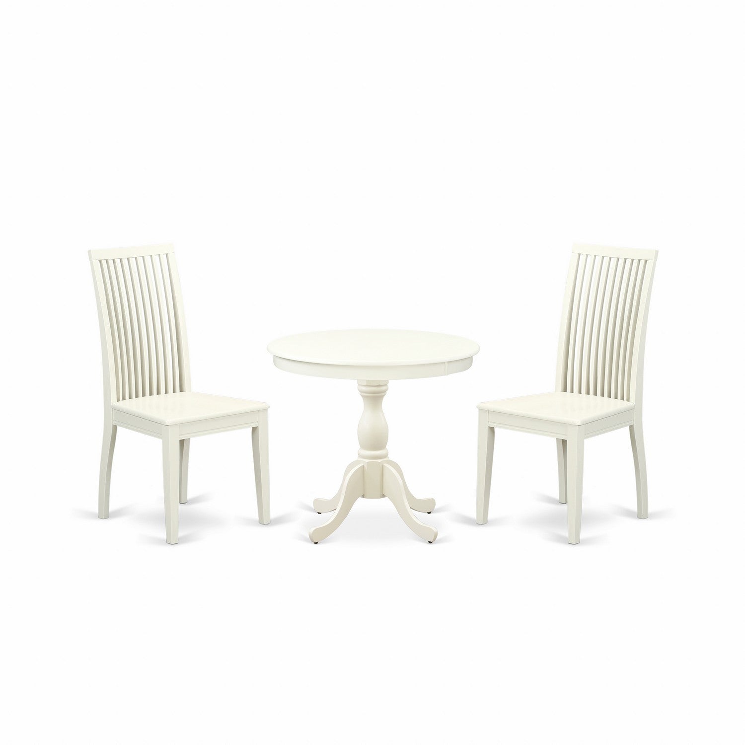 Juego de mesa de comedor de 3 piezas East West Furniture AMIP3-LWH-W. Incluye una mesa de cocina redonda con pedestal y 2 sillas de comedor.