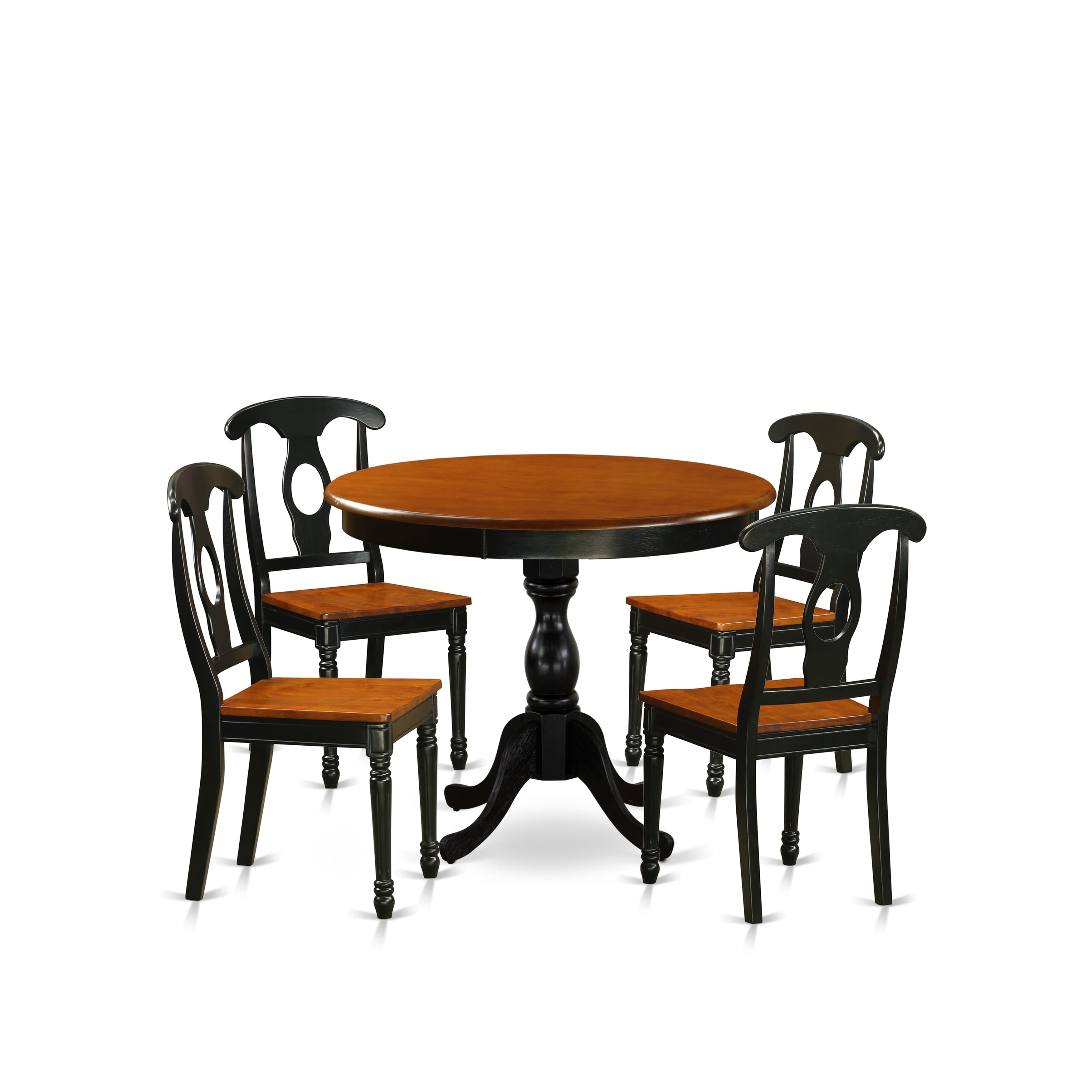East West Furniture AMKE5-BCH-W 5-Piece Dining Set consists of a Mid Century Table and 4 Kitchen Chairs with Napoleon Back - Black Finish