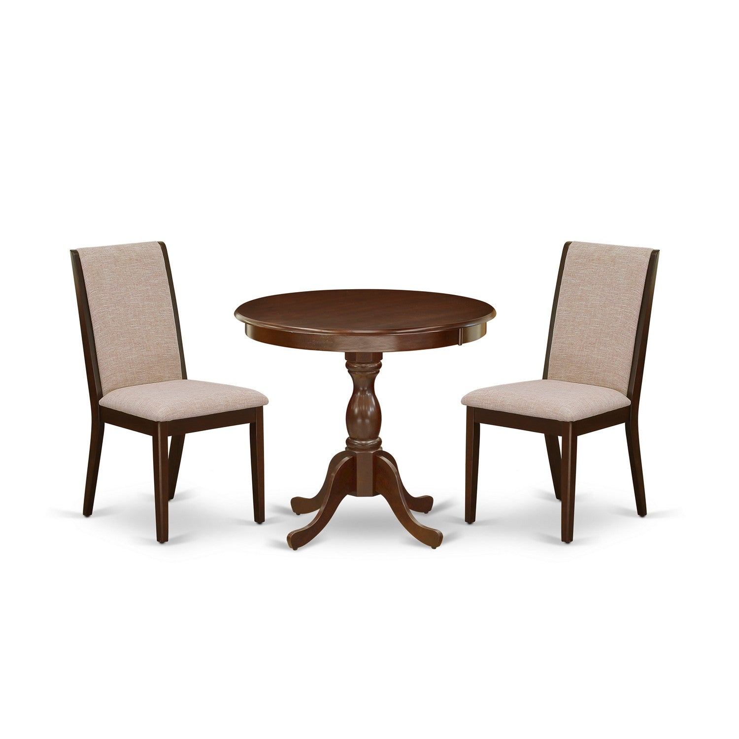 East West Furniture AMLA3-MAH-04 3 Piece Wooden Dining Table Set Contains 1 Round Pedestal Dining Table and 2 Light Tan Linen Fabric Dinning Room Chairs with High Back - Mahogany Finish