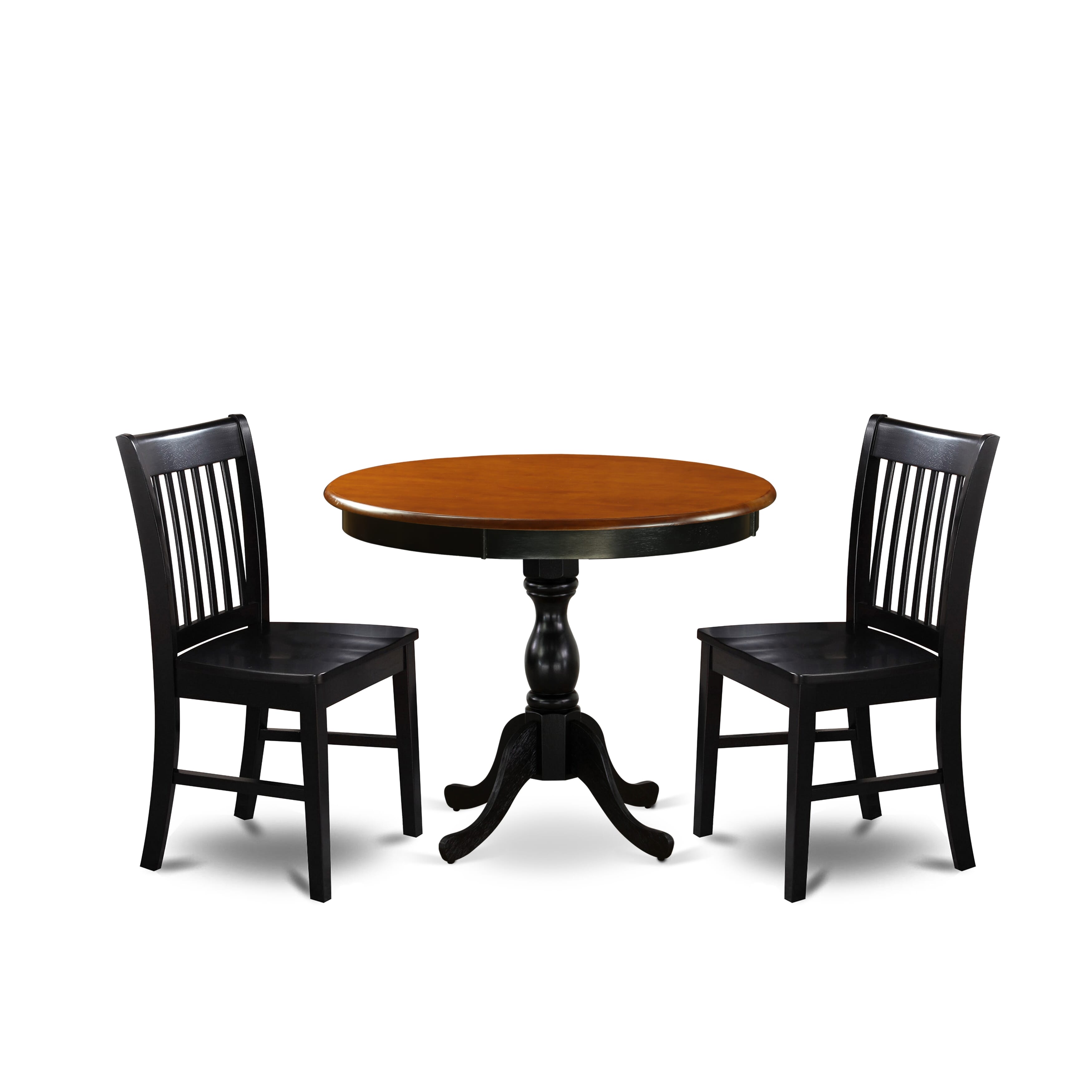 East West Furniture AMNF3-BCH-W 3-Pc Round Table Set Contains a Modern Kitchen Table and 2 Wooden Dining Chairs with Slatted Back - Black Finish